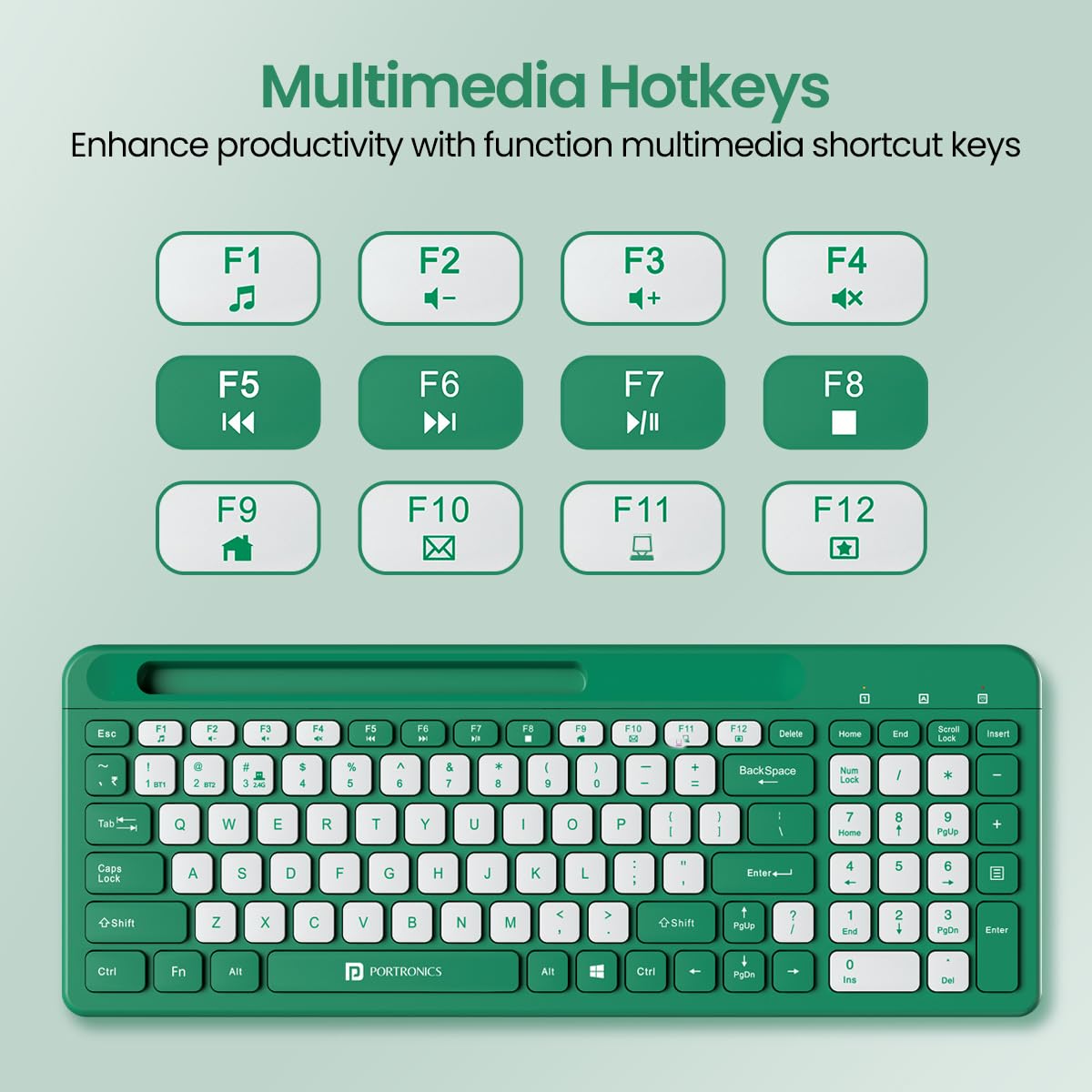 Portronics Bubble Square Wireless Keyboard with Bluetooth + 2.4 GHz USB Receiver, Dual Connectivity, Pair 3 Devices Max, Multimedia Hotkeys, for Laptop, PC, Smartphone, Tablet - Green - Image 5