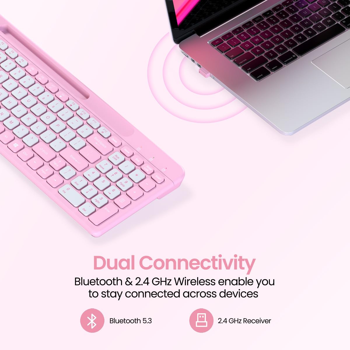 Portronics Bubble Square Wireless Keyboard with Bluetooth + 2.4 GHz USB Receiver, Dual Connectivity, Pair 3 Devices Max, Multimedia Hotkeys, for Laptop, PC, Smartphone, Tablet - Pink - Image 2