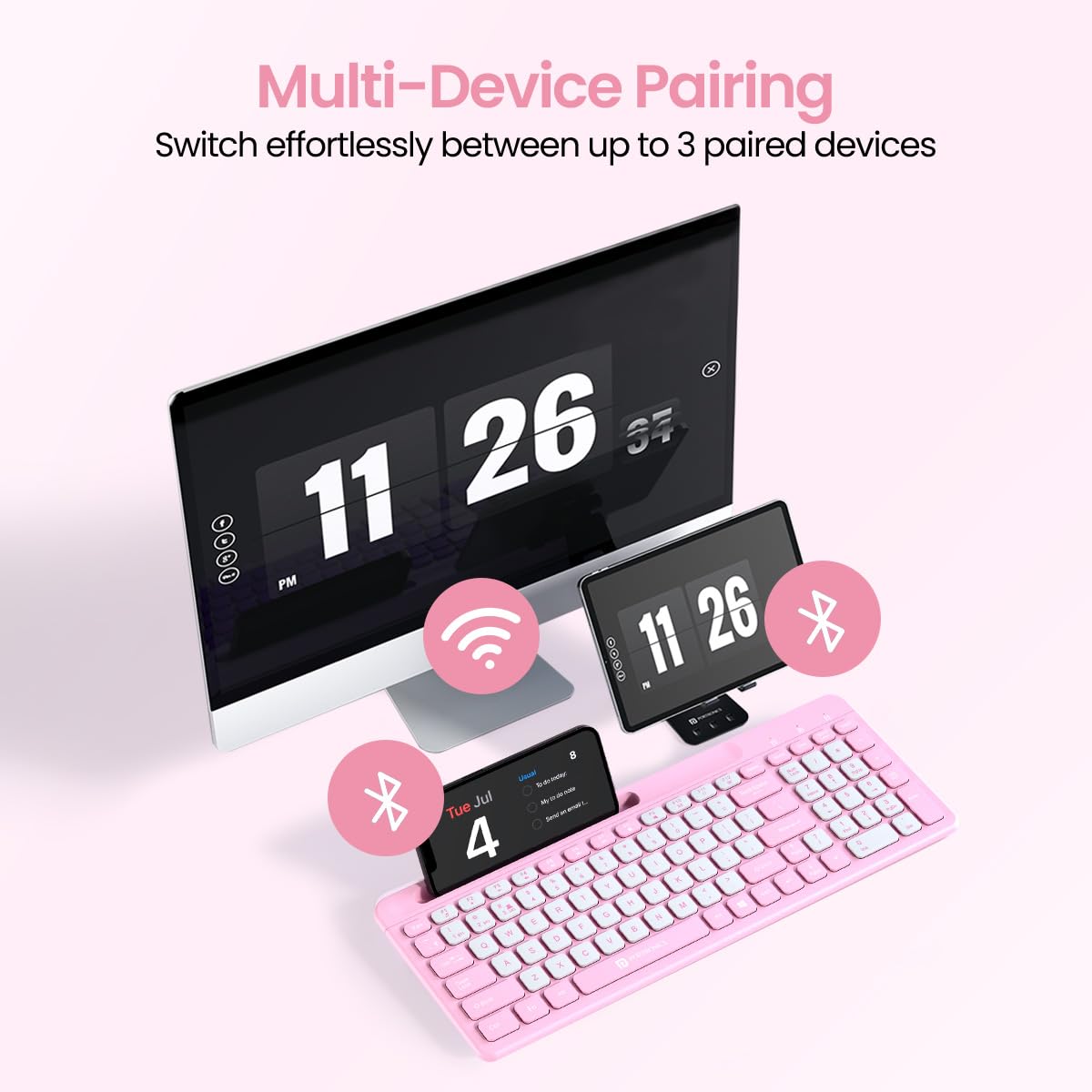 Portronics Bubble Square Wireless Keyboard with Bluetooth + 2.4 GHz USB Receiver, Dual Connectivity, Pair 3 Devices Max, Multimedia Hotkeys, for Laptop, PC, Smartphone, Tablet - Pink - Image 3