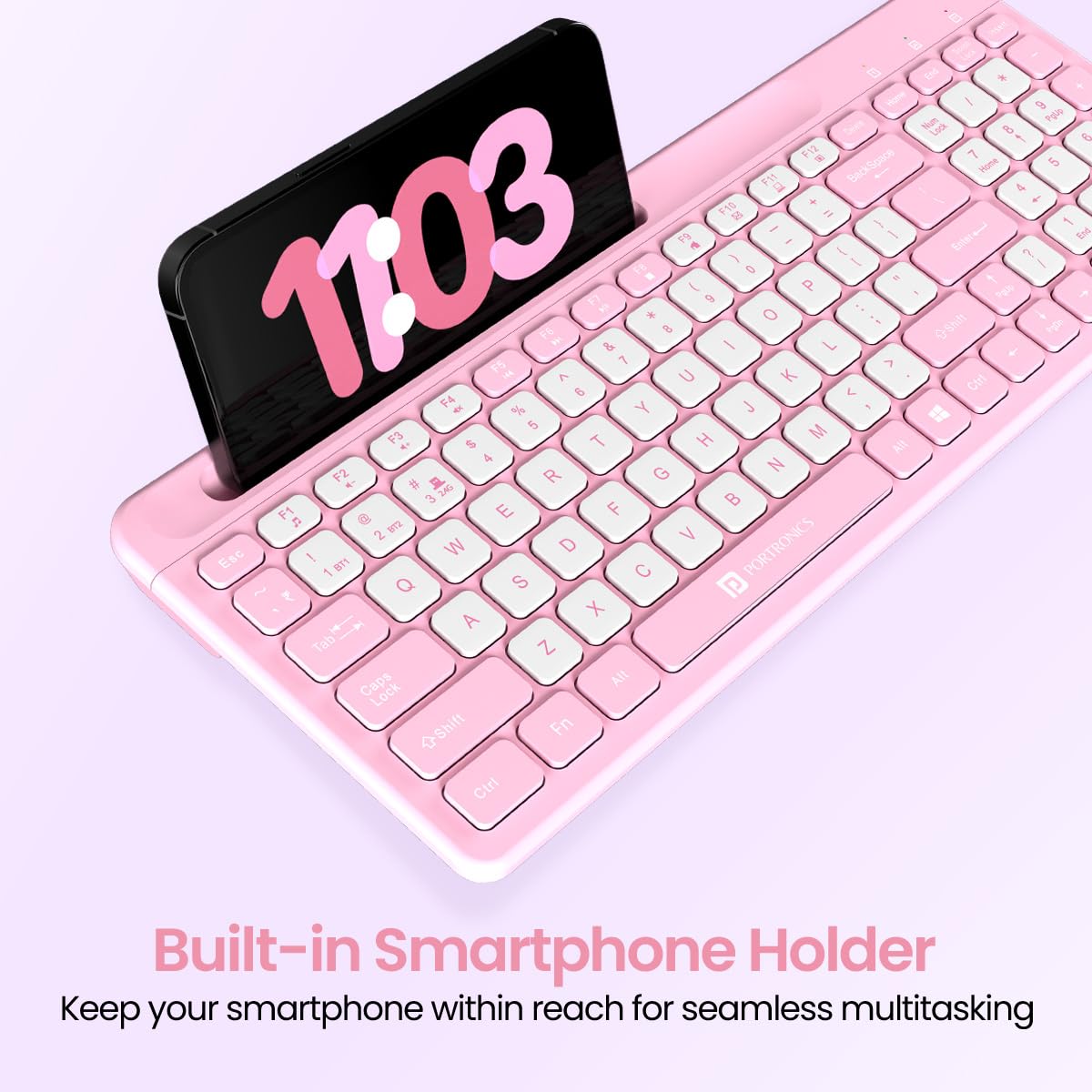 Portronics Bubble Square Wireless Keyboard with Bluetooth + 2.4 GHz USB Receiver, Dual Connectivity, Pair 3 Devices Max, Multimedia Hotkeys, for Laptop, PC, Smartphone, Tablet - Pink - Image 4