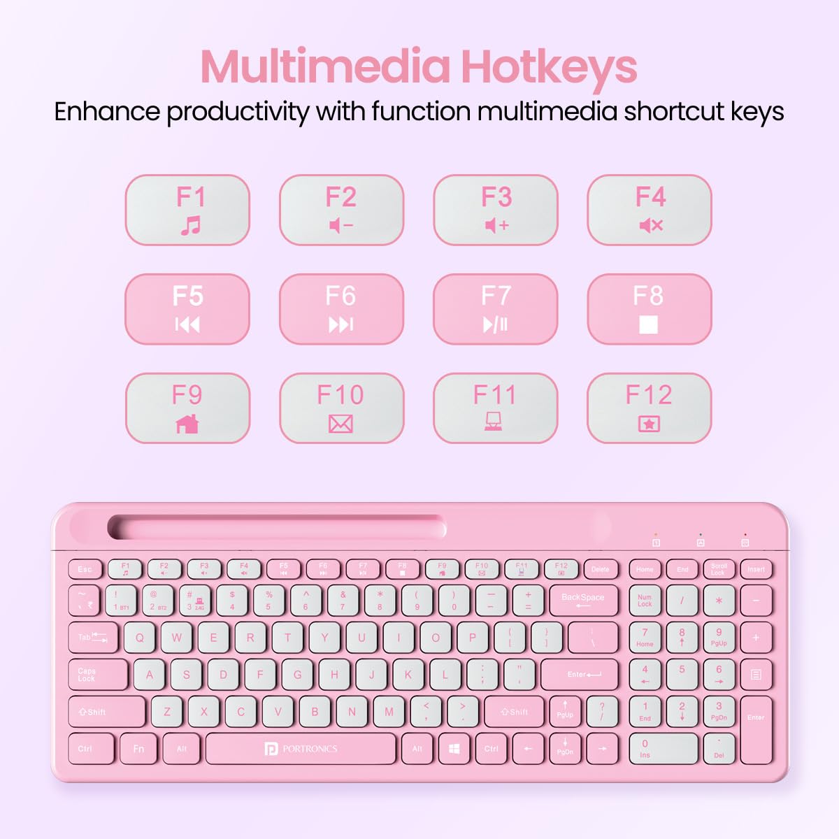 Portronics Bubble Square Wireless Keyboard with Bluetooth + 2.4 GHz USB Receiver, Dual Connectivity, Pair 3 Devices Max, Multimedia Hotkeys, for Laptop, PC, Smartphone, Tablet - Pink - Image 5