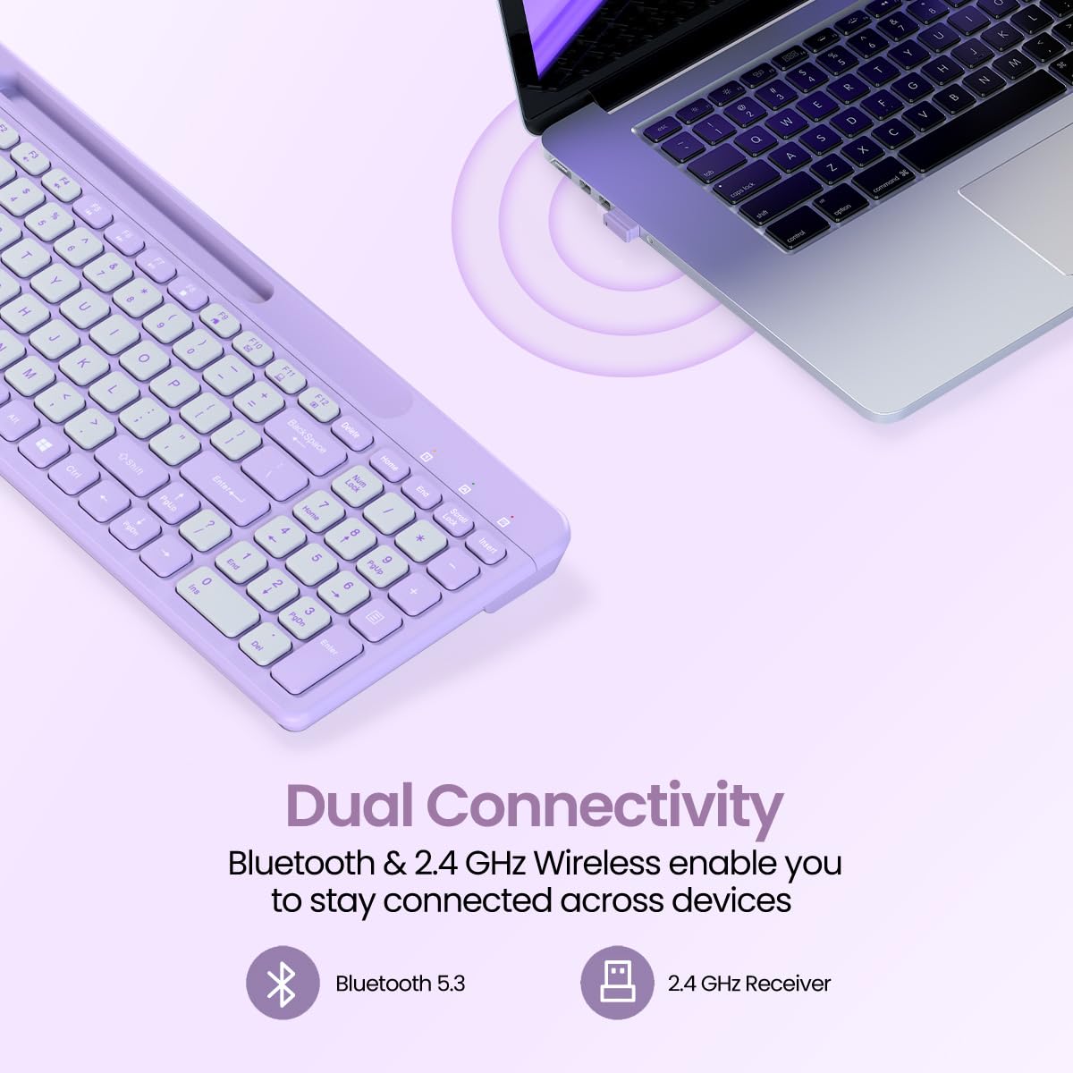 Portronics Bubble Square Wireless Keyboard with Bluetooth + 2.4 GHz USB Receiver, Dual Connectivity, Pair 3 Devices Max, Multimedia Hotkeys, for Laptop, PC, Smartphone, Tablet - Purple - Image 2