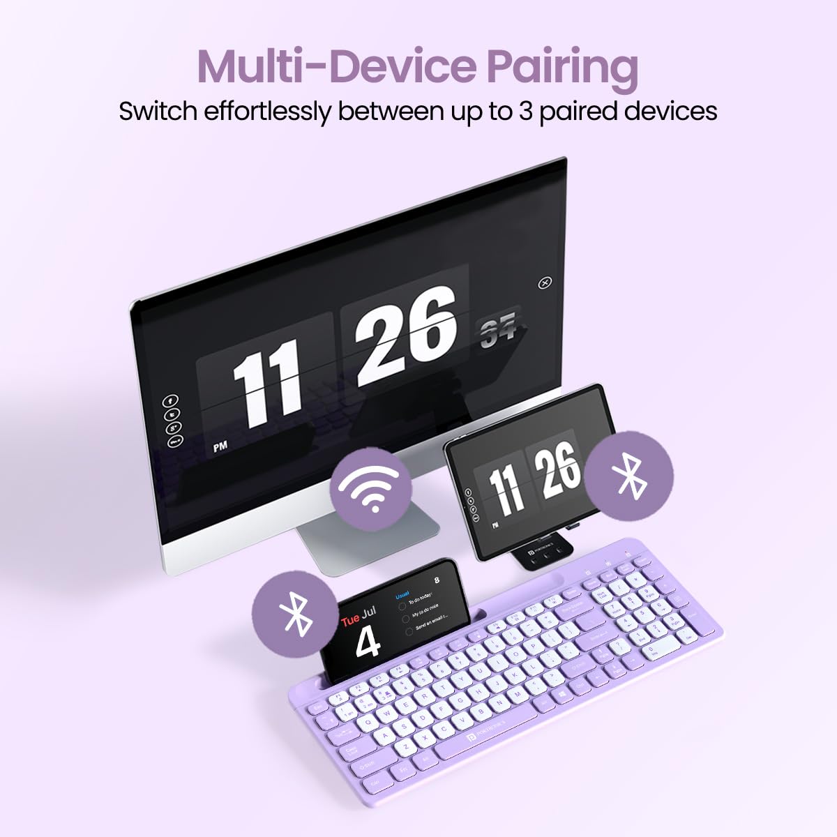 Portronics Bubble Square Wireless Keyboard with Bluetooth + 2.4 GHz USB Receiver, Dual Connectivity, Pair 3 Devices Max, Multimedia Hotkeys, for Laptop, PC, Smartphone, Tablet - Purple - Image 3