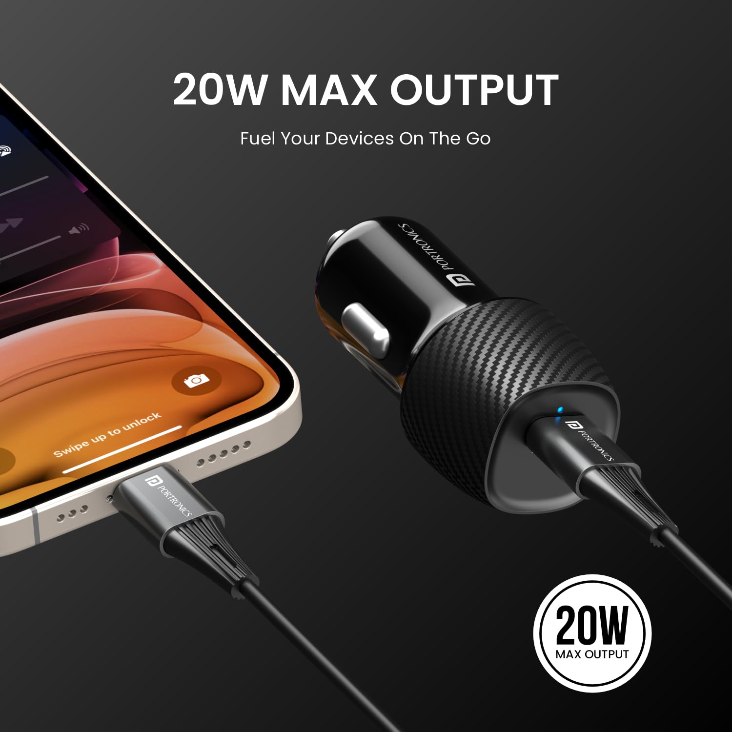 Portronics Car Power 18 Car Charger Adapter with 20W PD,Type C, Port Fast Charging Compatible with iPhones/ Android Smartphones/ Tablets & More - Black - Image 2