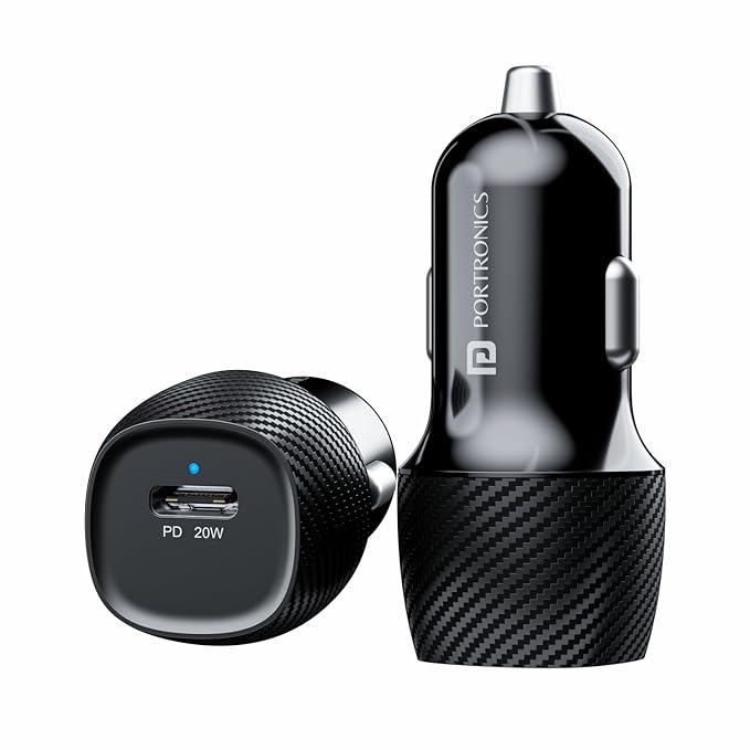 Portronics Car Power 18 Car Charger Adapter with 20W PD,Type C, Port Fast Charging Compatible with iPhones/ Android Smartphones/ Tablets & More - Black