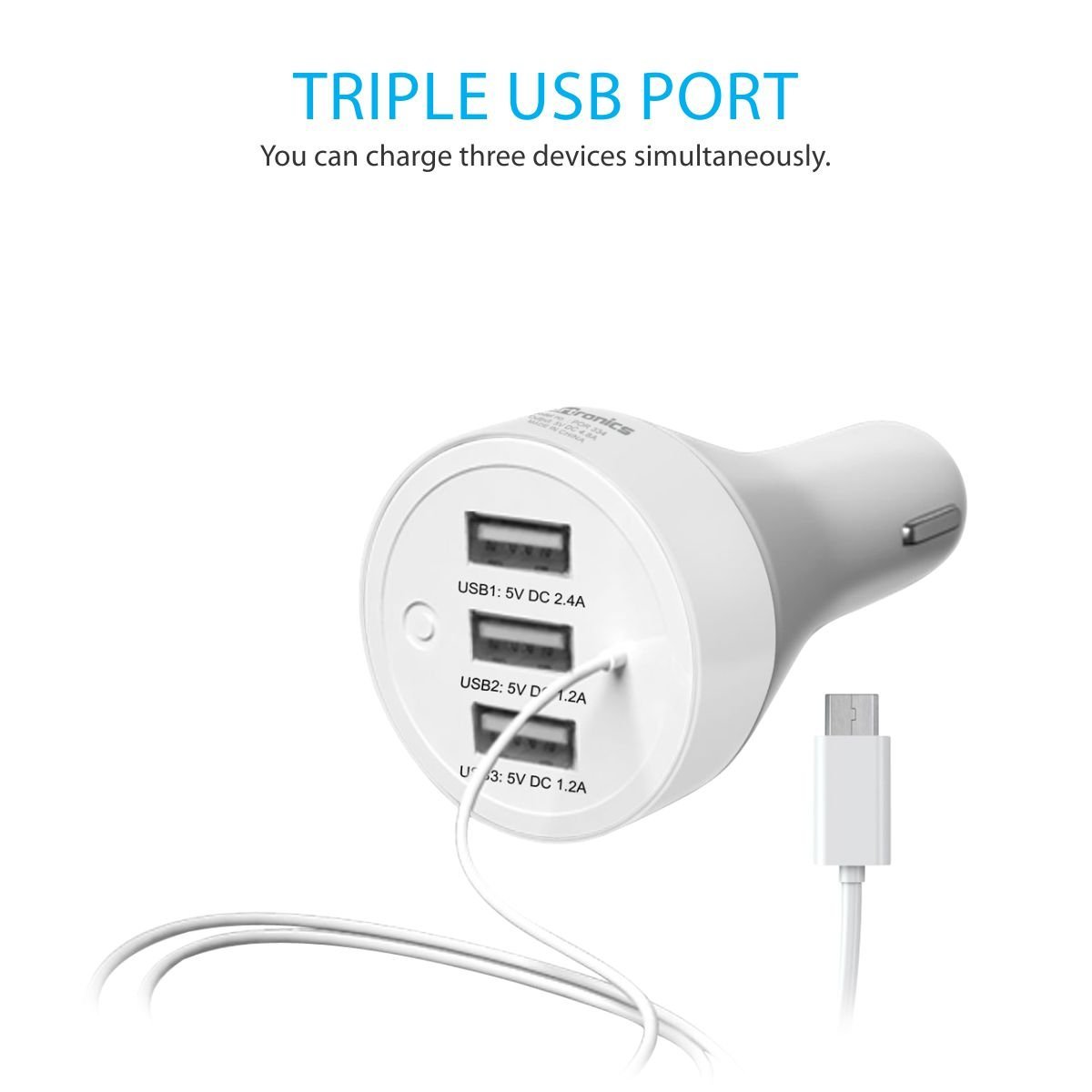 Portronics Car Power 2 Car Charger 3USB Ports with Micro USB Cable(White) - POR-334 - Image 2