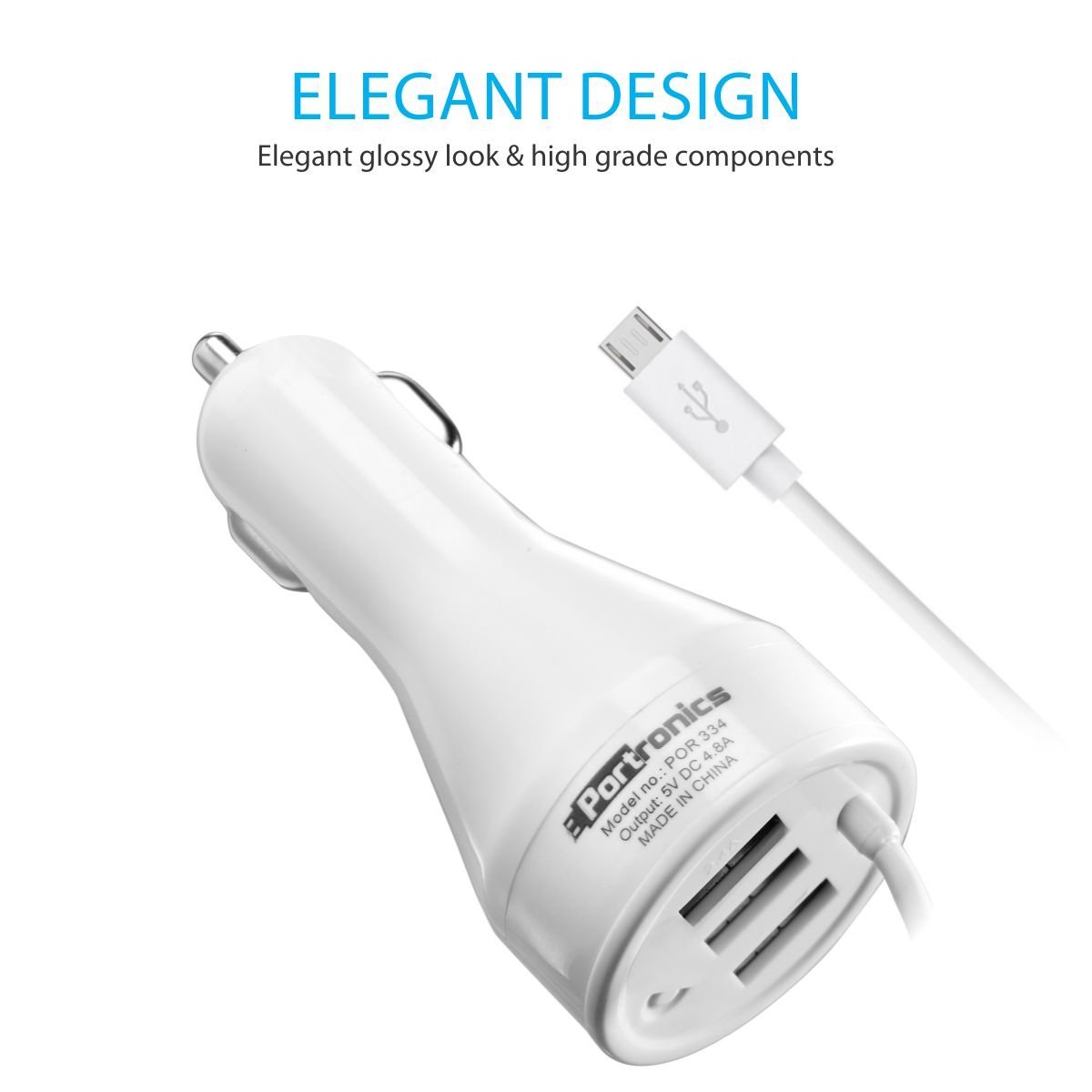 Portronics Car Power 2 Car Charger 3USB Ports with Micro USB Cable(White) - POR-334 - Image 3