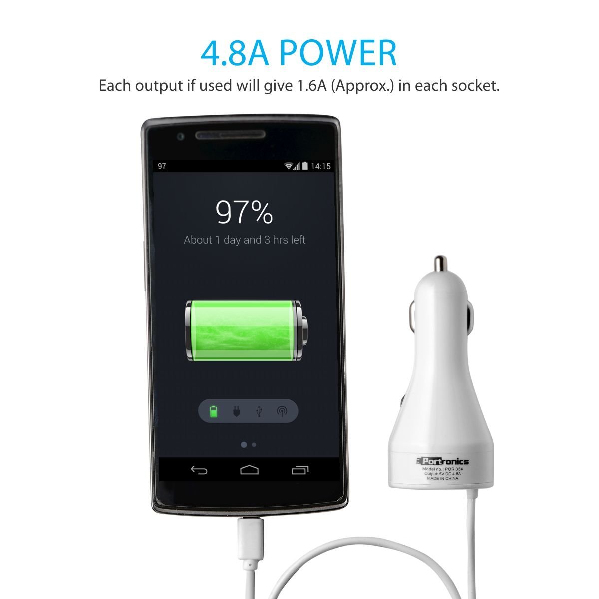 Portronics Car Power 2 Car Charger 3USB Ports with Micro USB Cable(White) - POR-334 - Image 4