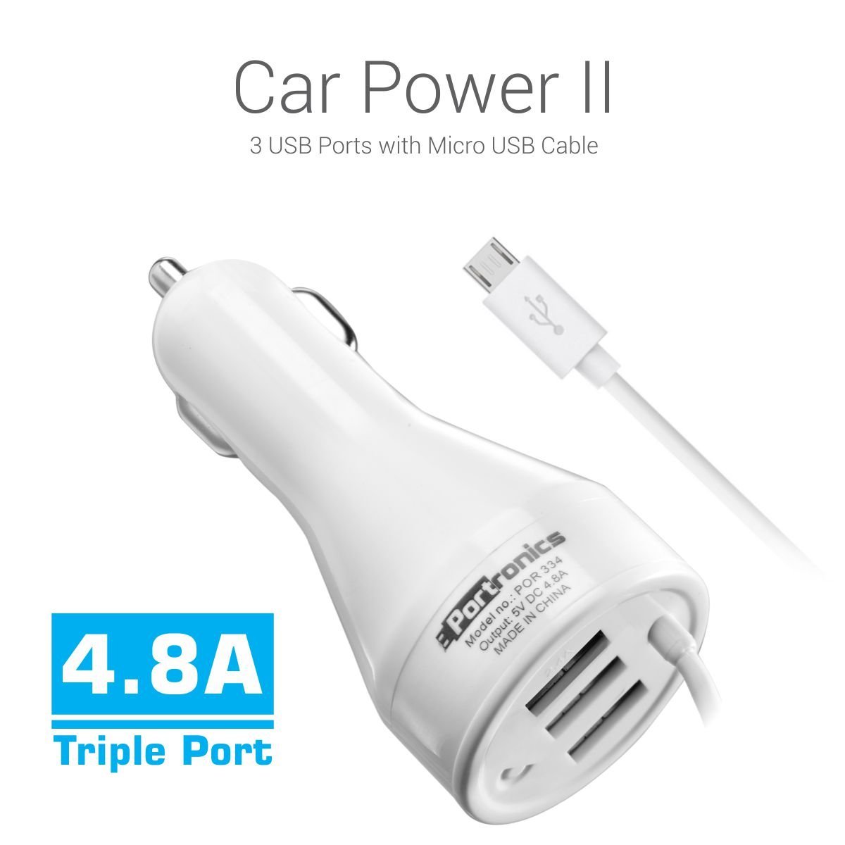 Portronics Car Power 2 Car Charger 3USB Ports with Micro USB Cable(White) - POR-334