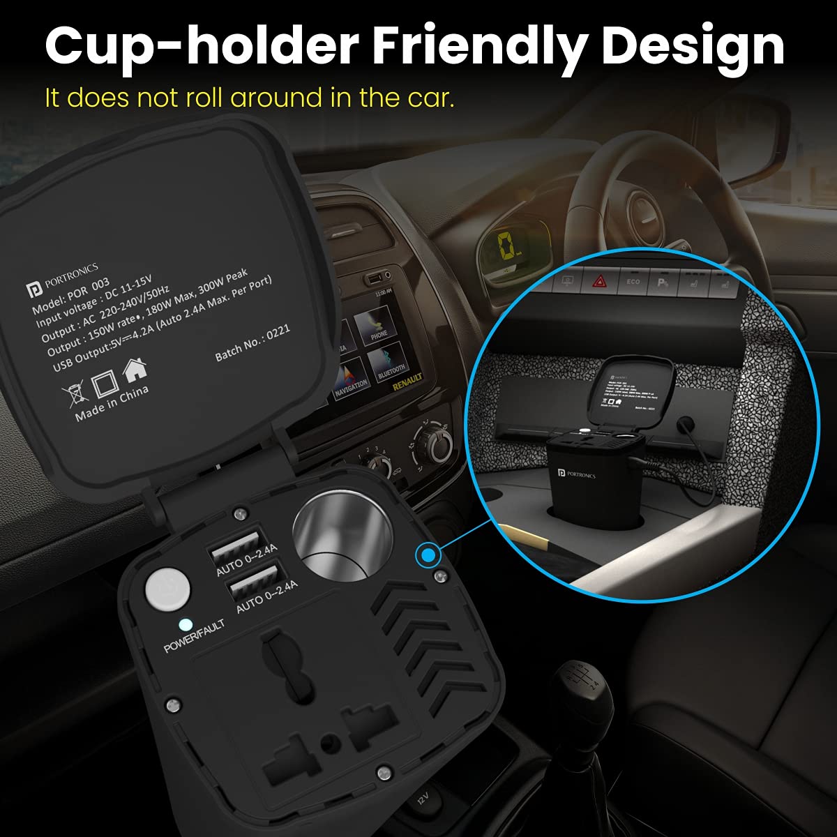 Portronics Car Power One Portable 150W Car Power Inverter with 220V Output with Dual USB Output (POR-003, Black) - Image 5