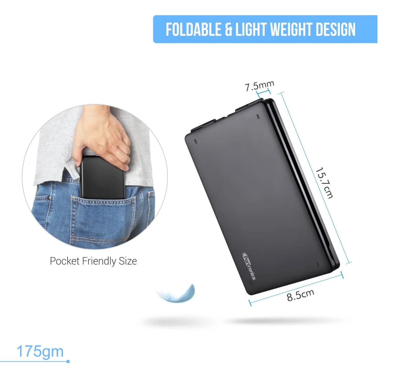 Portronics Chicklet Wireless Bluetooth Rechargeable Foldable Keyboard - Black (POR-973) - Image 3