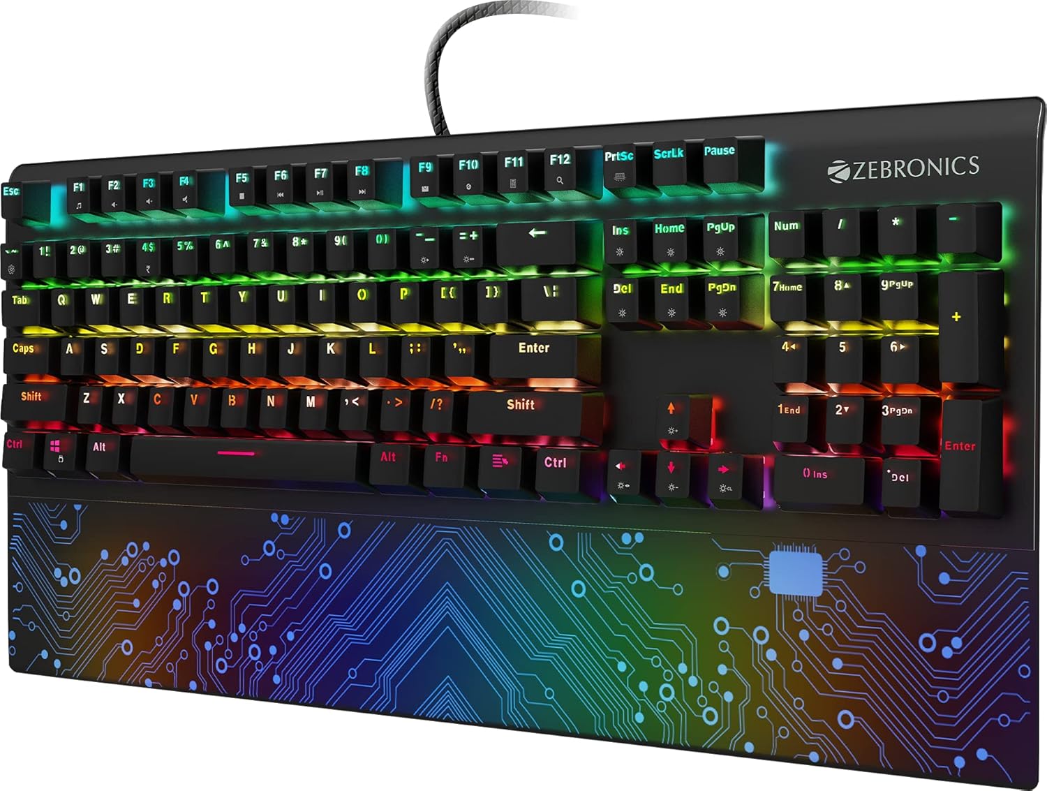 Zebronics Zeb-Max Chroma Premium Mechanical Gaming Keyboard with 104 Tactile Switch Keys, Wrist Rest, 18 RGB LED Modes, Braided and Gold Plated USB Cable