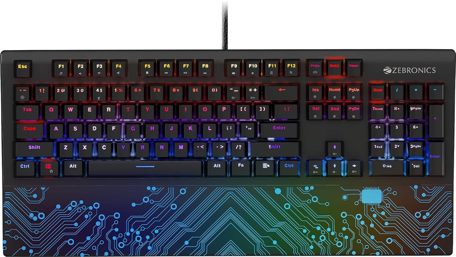 Zebronics Zeb-Max Chroma Premium Mechanical Gaming Keyboard with 104 Tactile Switch Keys, Wrist Rest, 18 RGB LED Modes, Braided and Gold Plated USB Cable - Image 7