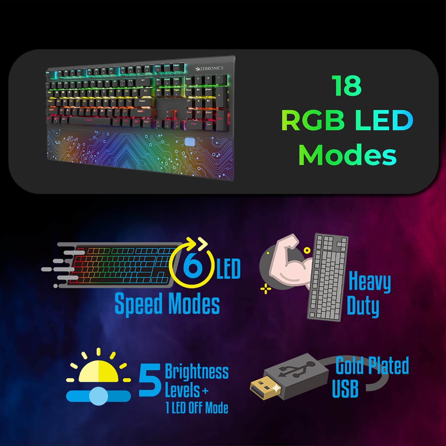 Zebronics Zeb-Max Chroma Premium Mechanical Gaming Keyboard with 104 Tactile Switch Keys, Wrist Rest, 18 RGB LED Modes, Braided and Gold Plated USB Cable - Image 5