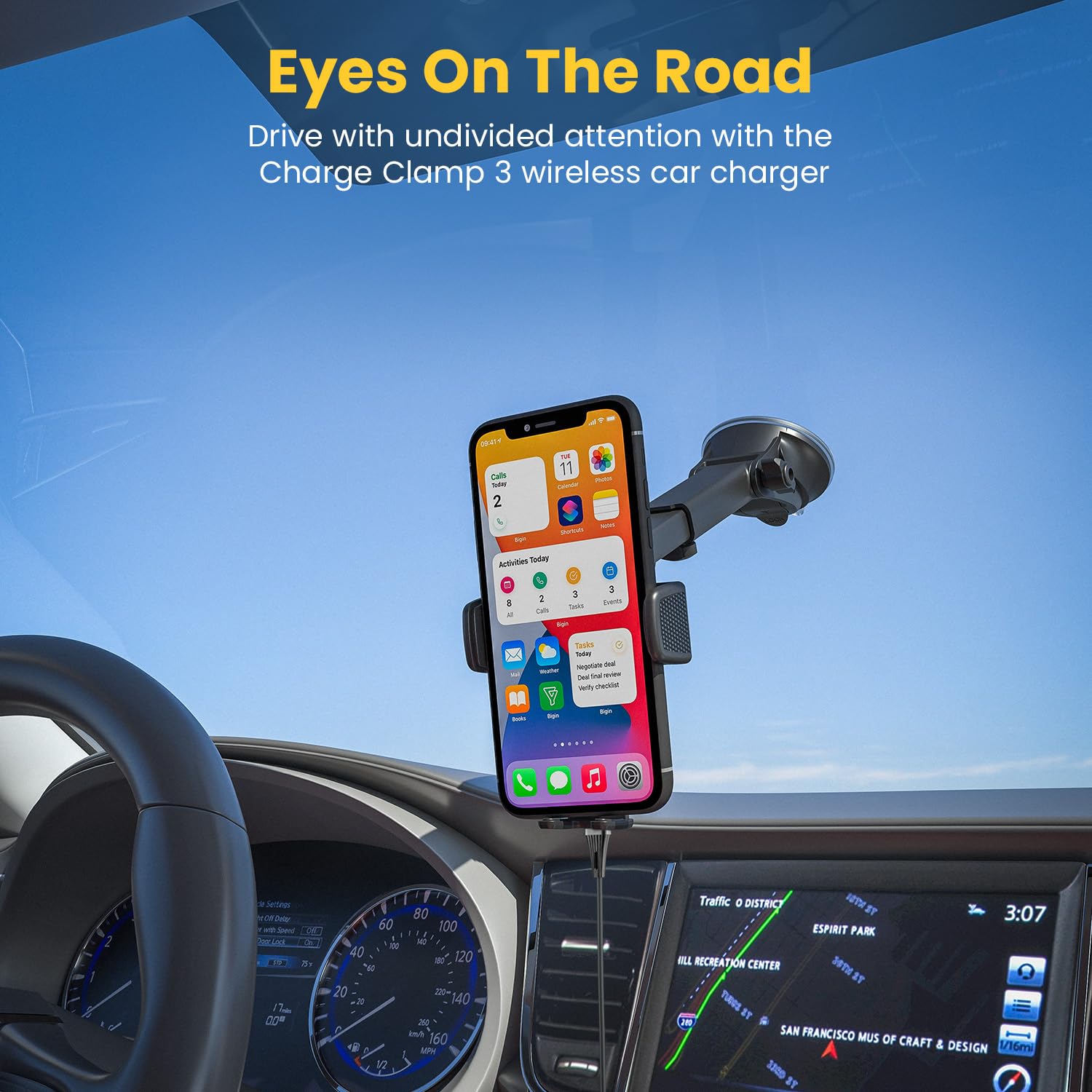 Portronics Charge Clamp 3 Wireless Car Charger with 15 Watts Fast Charging/ Free Type-C Cable/ 360? Rotation/ for iPhone and Android Smartphones (Black) - Image 2