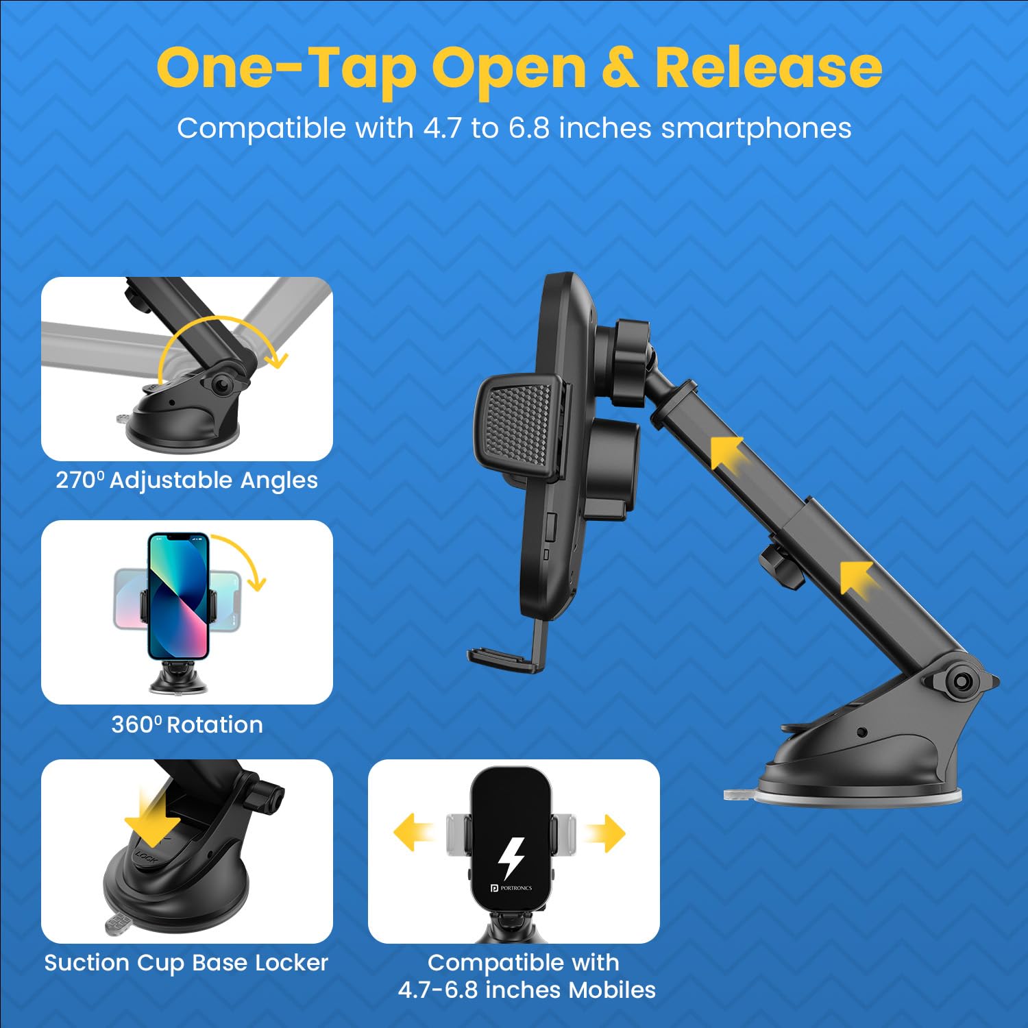 Portronics Charge Clamp 3 Wireless Car Charger with 15 Watts Fast Charging/ Free Type-C Cable/ 360? Rotation/ for iPhone and Android Smartphones (Black) - Image 5