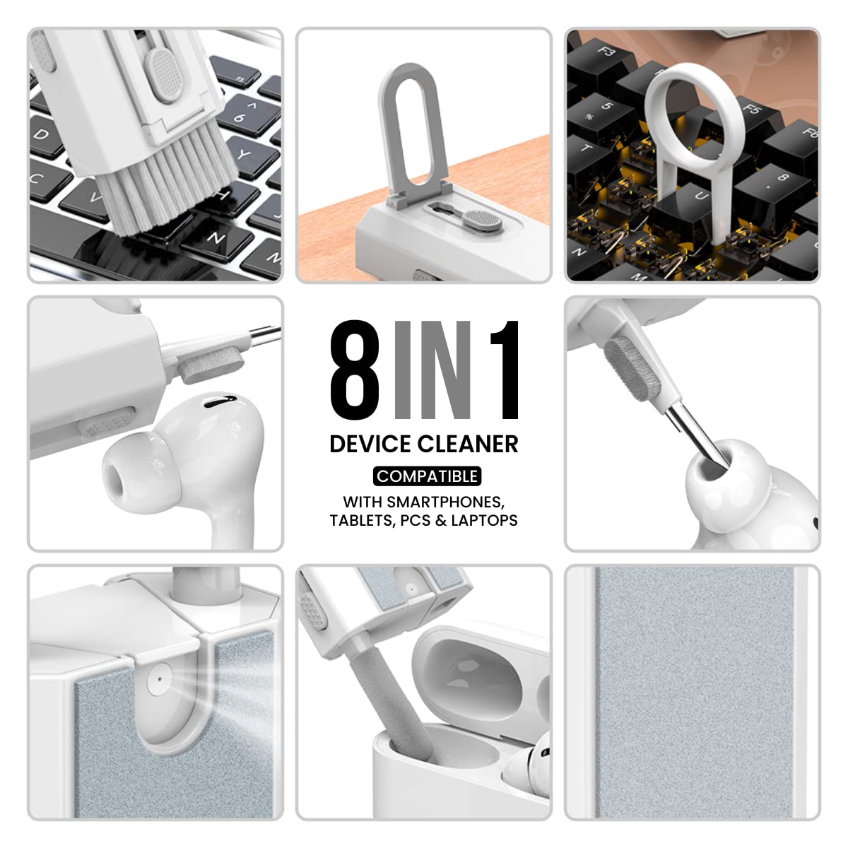 Portronics Clean M Multifunctional 8-in-1 Gadget Cleaning Kit with Mobile Holder for Smartphone, Tablet, Laptop, Earbuds (POR-1791) - Image 2