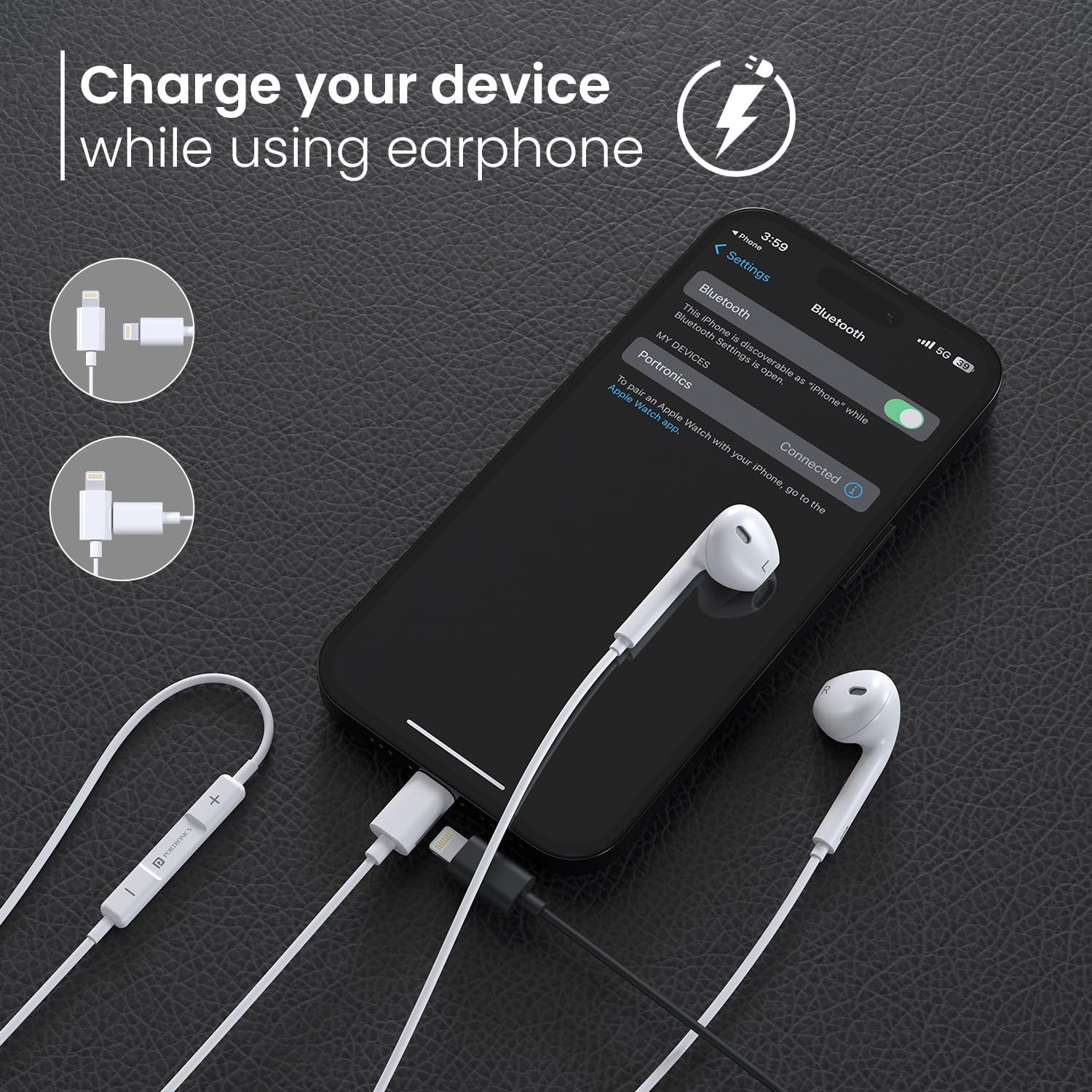 Portronics Conch 40 in-Ear Wired Earphone with 8-Pin Charging Port, Powerful Audio, Built-in Microphone, Tangle Resistant Cable - White - Image 4