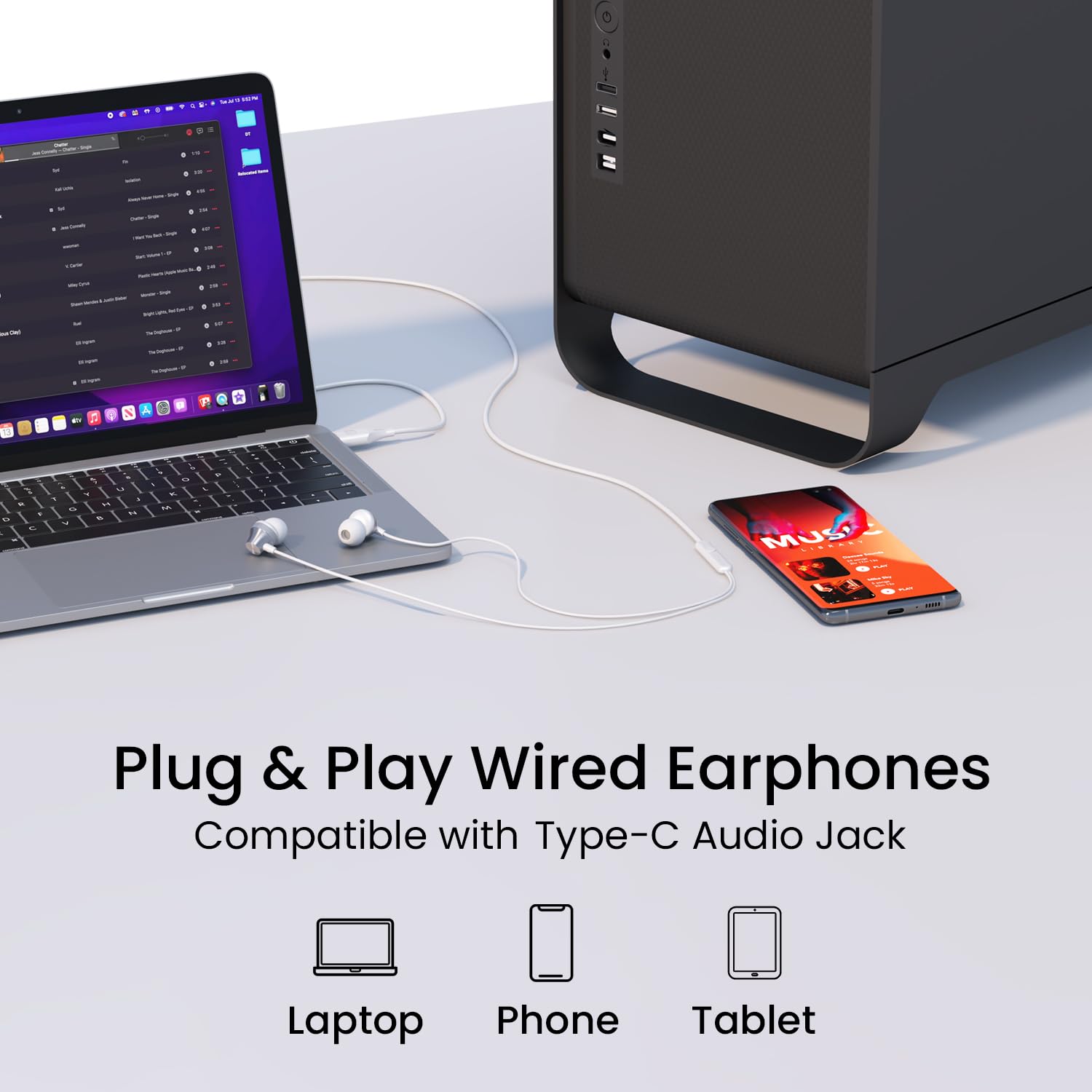 Portronics Conch Beat C in Ear Wired Earphones with Mic, Type C Audio Jack, 10mm Driver, 1.2m TPE Anti Tangle Wire, in line Mic Controls, Powerful Audio, Metal Alloy Body, Wide Compatibility - Silver - Image 2