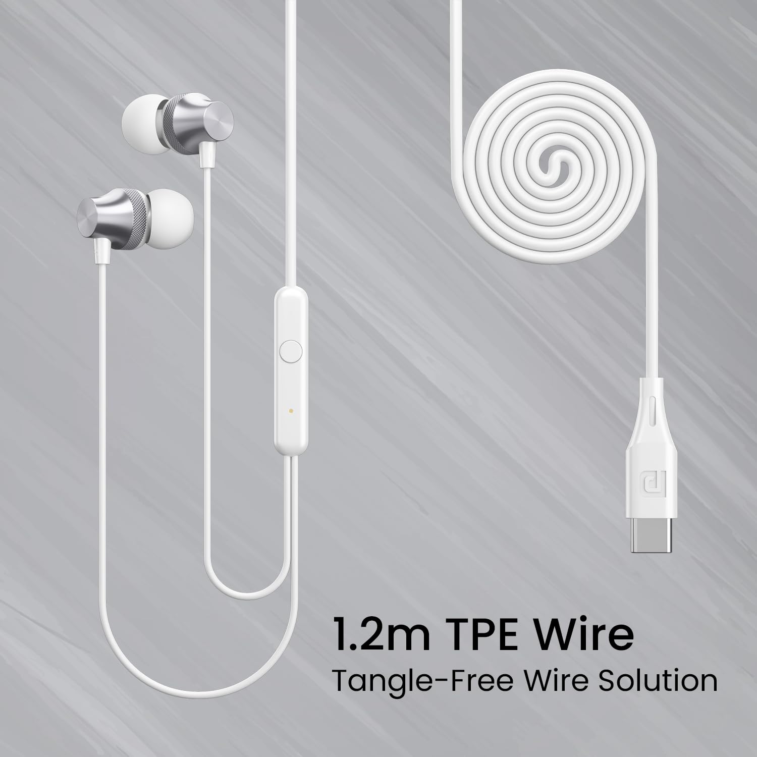 Portronics Conch Beat C in Ear Wired Earphones with Mic, Type C Audio Jack, 10mm Driver, 1.2m TPE Anti Tangle Wire, in line Mic Controls, Powerful Audio, Metal Alloy Body, Wide Compatibility - Silver - Image 5