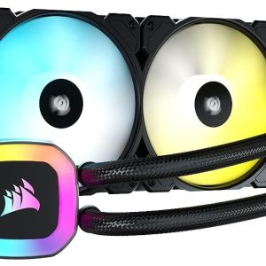Corsair H100 RGB 240mm Liquid CPU Cooler, 2X 120mm CORSAIR SP RGB ELITE PWM Fans, 29 Total individually addressable RGB LEDs, fan speeds running up to 1,500 RPM, 240mm Radiator (Black)
