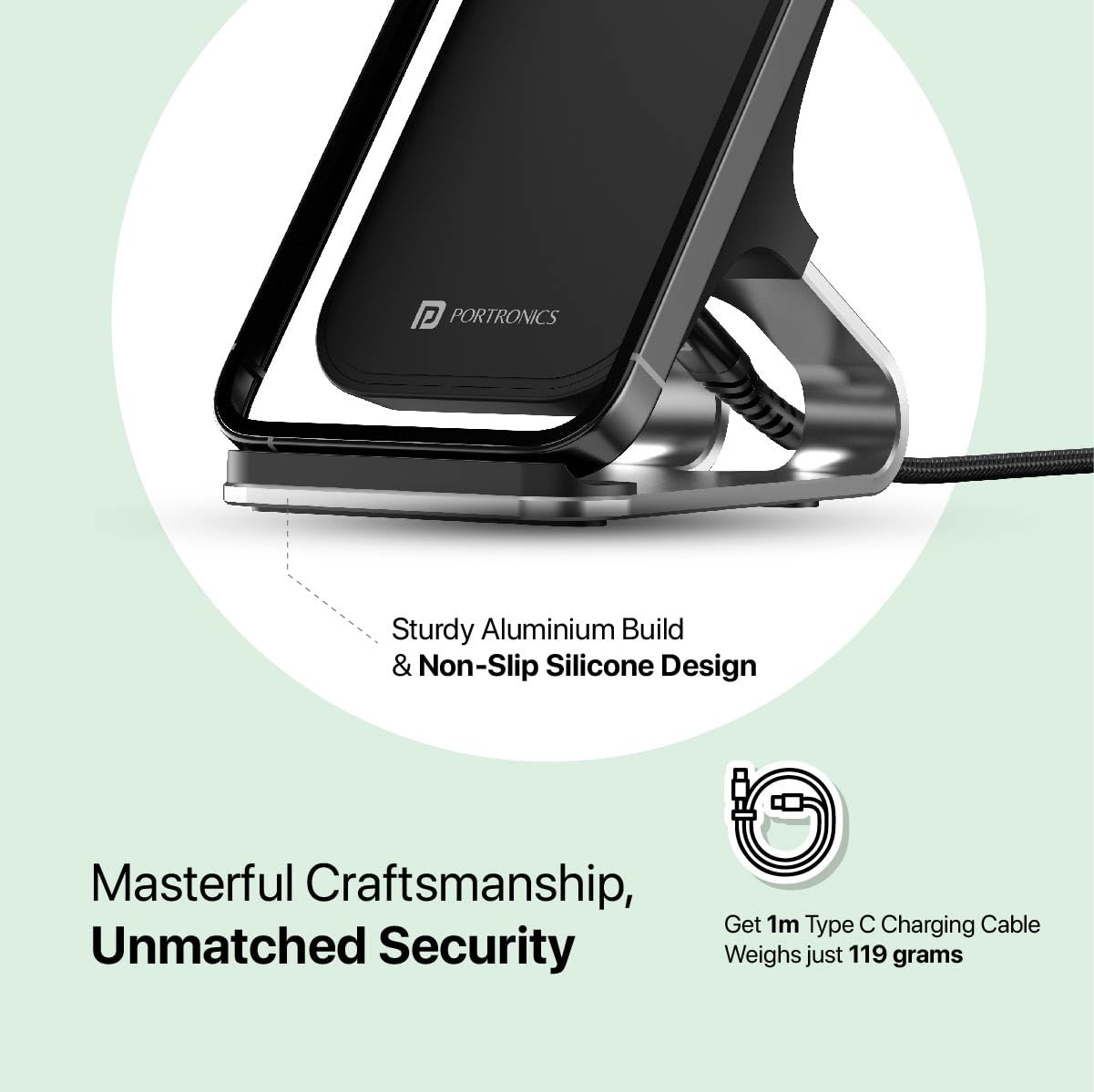 Portronics Freedom 15 Plus 15W Desktop Wireless Charger + Mobile Stand with Dual Coil, Aluminum Alloy, 4 Charging Modes, 1 Meter Charging Cable - Silver - Image 5