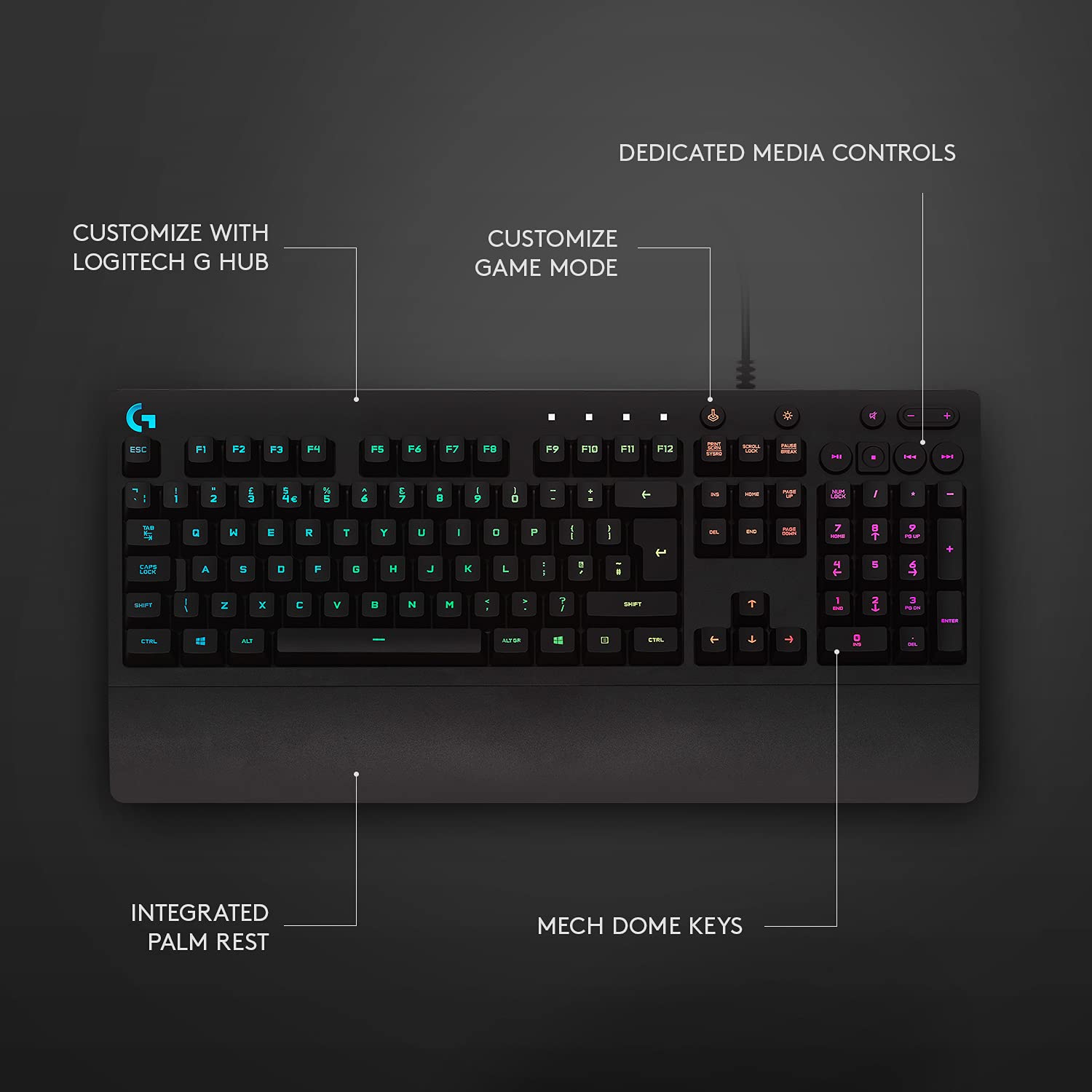 Logitech G213 PRODIGY RGB Gaming Keyboard with LIGHTSYNC RGB Backlit Keys, Spill-Resistant, Customizable Keys, Dedicated Multi-Media Keys - Image 5