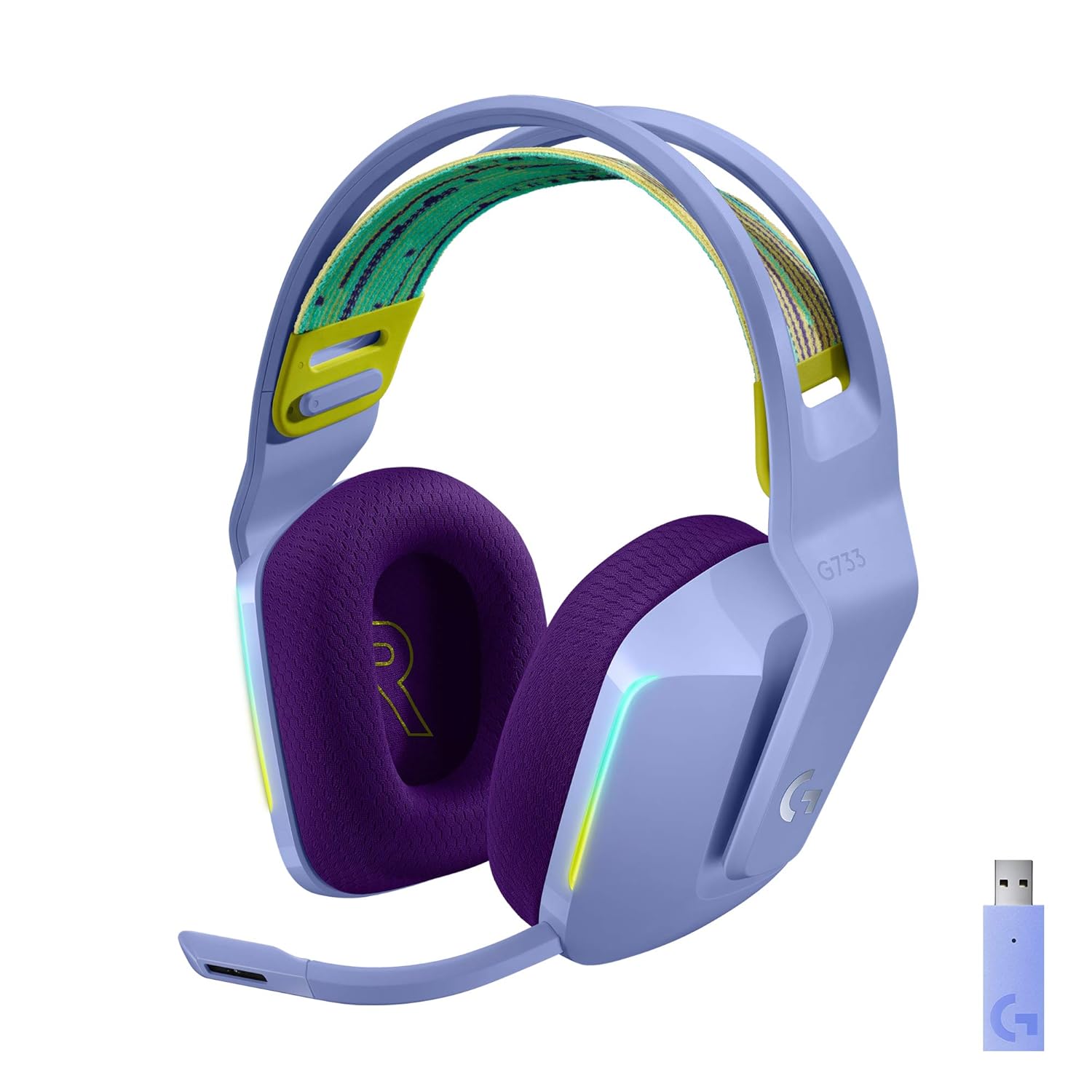 Logitech G733 Lightspeed Wireless Gaming On Ear Headset with Suspension Headband, LIGHTSYNC RGB, Blue VO!CE mic Technology and PRO-G Audio Drivers (Lilac)