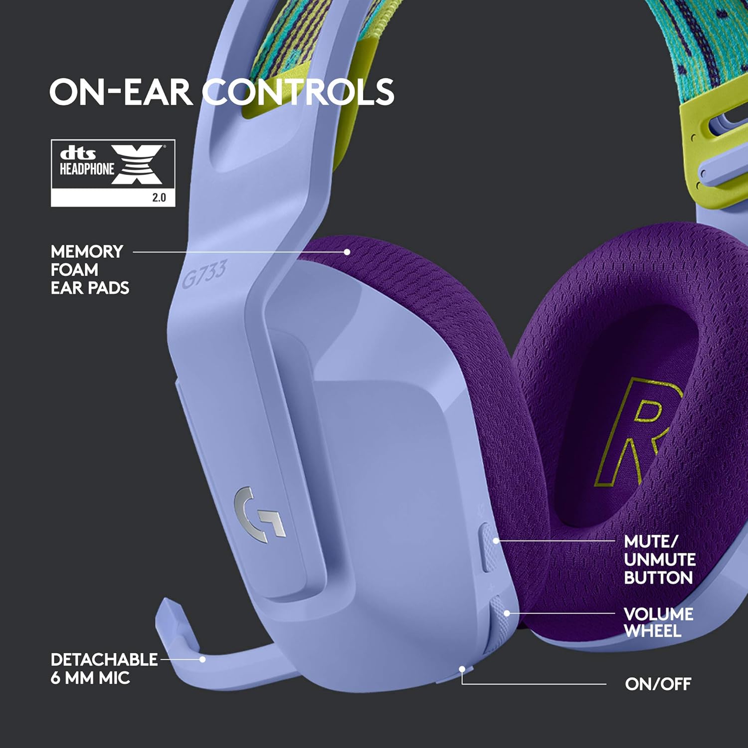 Logitech G733 Lightspeed Wireless Gaming On Ear Headset with Suspension Headband, LIGHTSYNC RGB, Blue VO!CE mic Technology and PRO-G Audio Drivers (Lilac) - Image 6