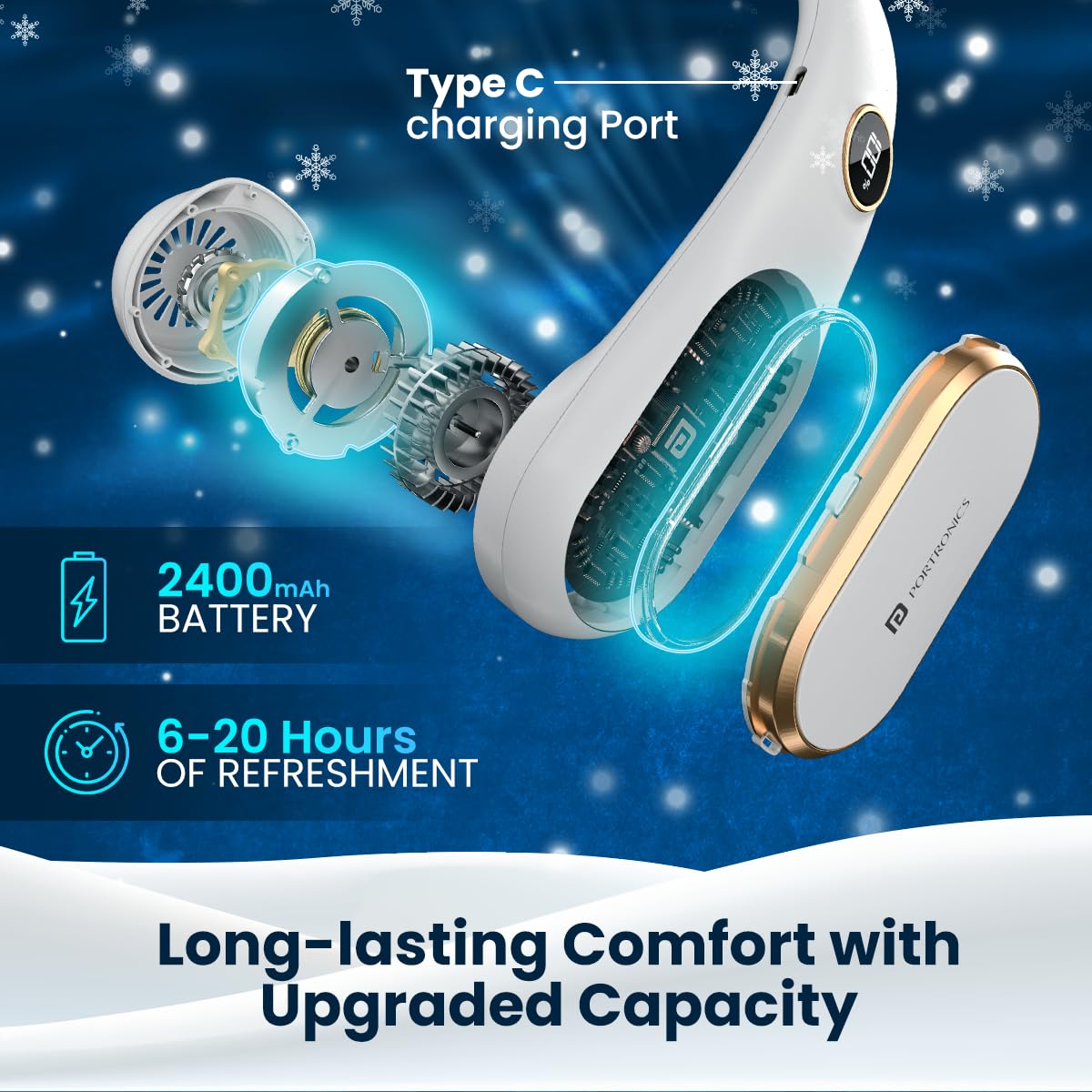 Portronics Gobreeze Portable Neck Fan/ Hands Free Bladeless Fan/ 360? Cooling/ Wearable Quiet Fan for Outdoor Indoor Use (White) - Image 3