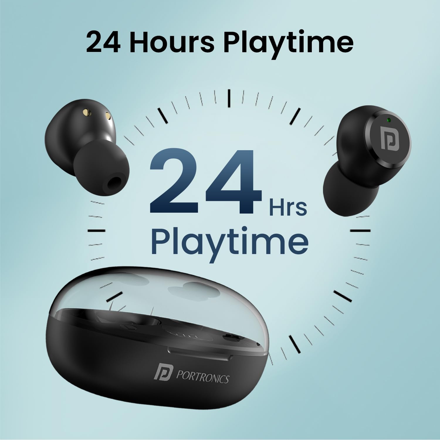 Portronics Harmonics Twins S13 in Ear True Wireless Earbuds with Mic, 24H Playtime, Game/Music Mode, Touch Control, 8mm Driver, Bluetooth 5.3v,IPX5 Water Resistance, Type C Fast Charging - Black - Image 2