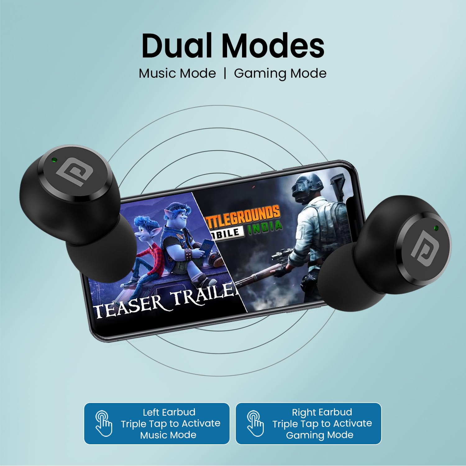 Portronics Harmonics Twins S13 in Ear True Wireless Earbuds with Mic, 24H Playtime, Game/Music Mode, Touch Control, 8mm Driver, Bluetooth 5.3v,IPX5 Water Resistance, Type C Fast Charging - Black - Image 4