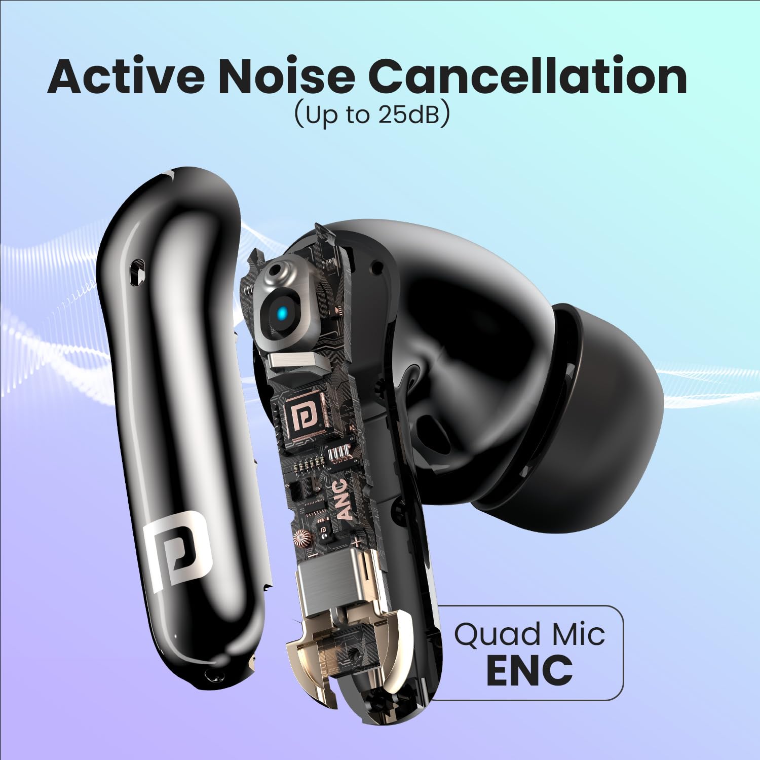 Portronics Harmonics Twins 28 ANC TWS in Ear Earbuds with Smart Touch Control, 50 Hours Playback, Quad Mic ENC, Low Latency, 13mm Dynamic Driver, IPX 5 Water Resistant, Fast Type C Charging - Black - Image 2
