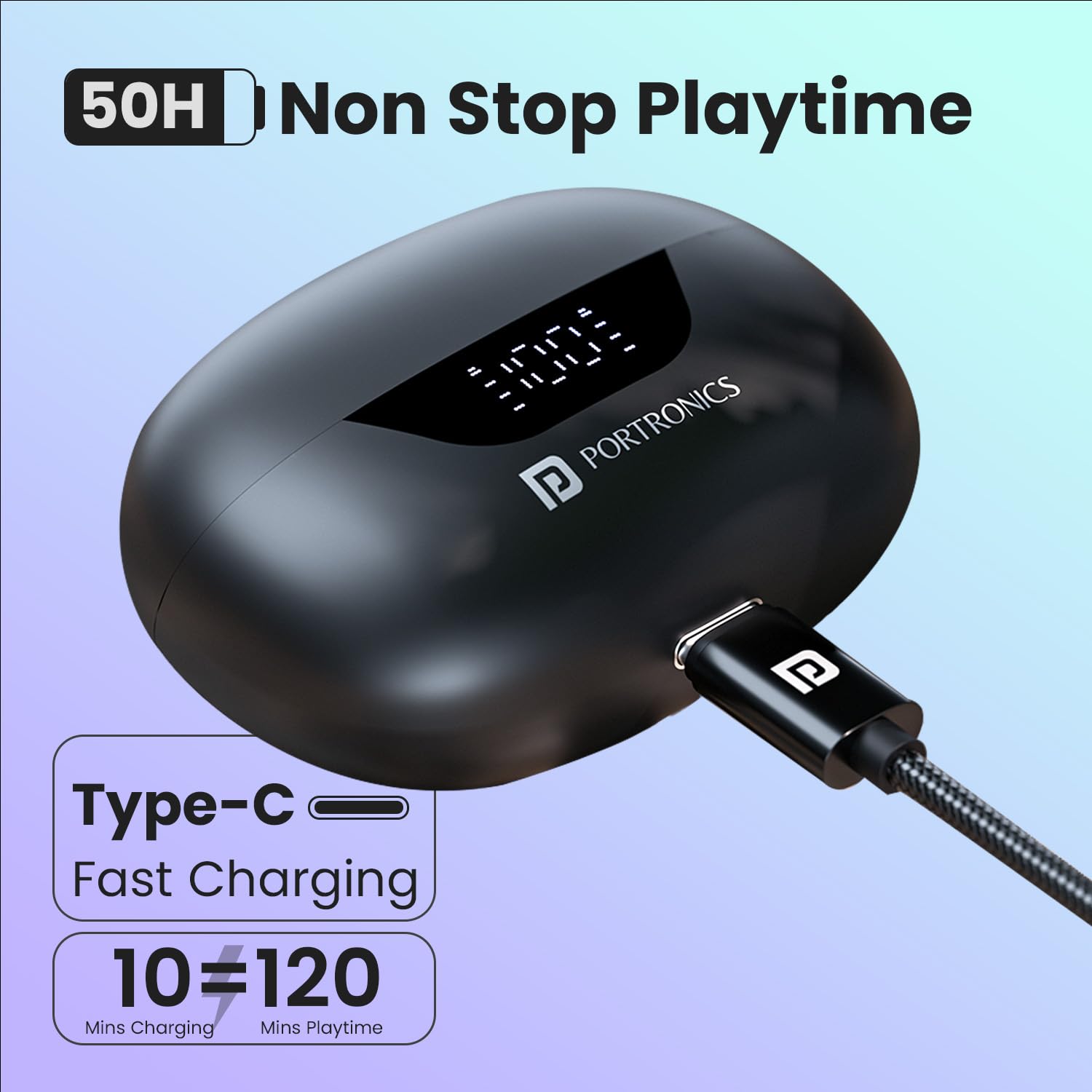 Portronics Harmonics Twins 28 ANC TWS in Ear Earbuds with Smart Touch Control, 50 Hours Playback, Quad Mic ENC, Low Latency, 13mm Dynamic Driver, IPX 5 Water Resistant, Fast Type C Charging - Black - Image 5