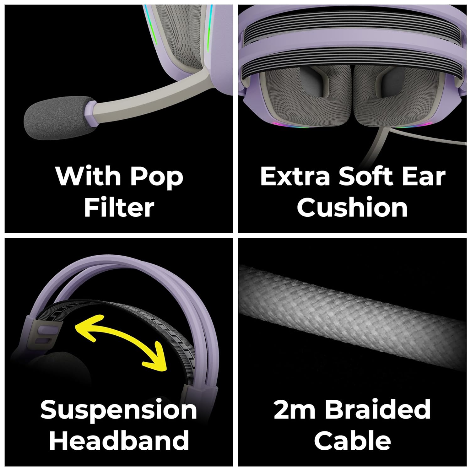 Zebronics Havoc Premium Gaming Over Ear Headphone with Dolby Atmos Subscription/ 50mm Neodymium Drivers/ Extra Soft Ear Cushion/ Suspension Headband/ Braided Cable (Purple) - Image 5