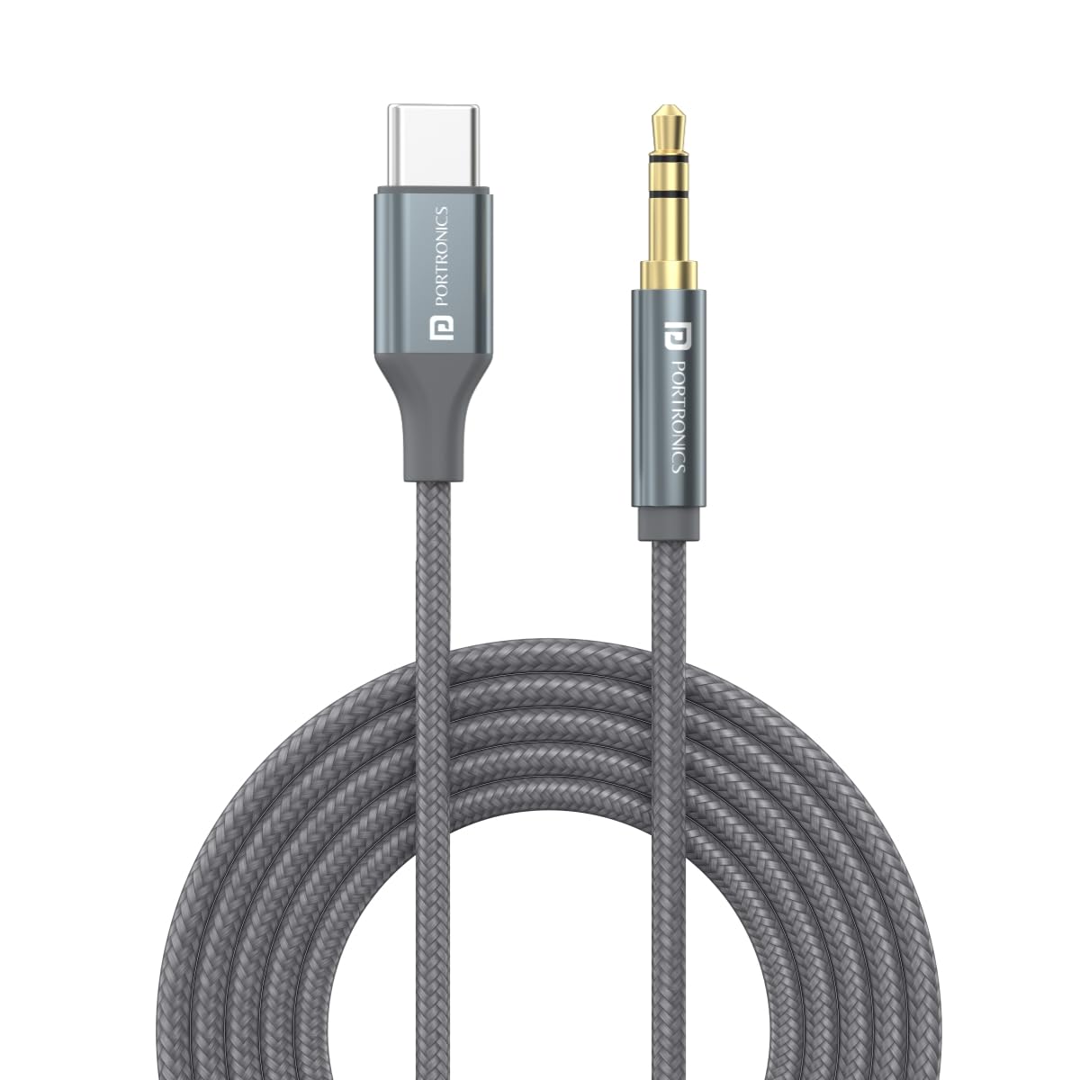 Portronics ikonnect C+ Type C to 3.5mm Aux Cable with 1M Length/ Nylon Braided/ Metal Heads/ Gold Plated Connector (Black)