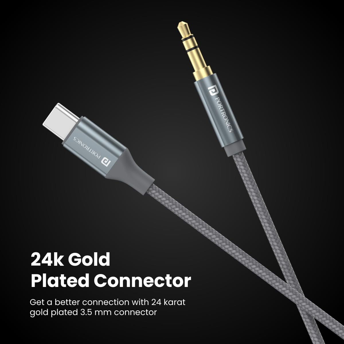 Portronics ikonnect C+ Type C to 3.5mm Aux Cable with 1M Length/ Nylon Braided/ Metal Heads/ Gold Plated Connector (Black) - Image 3