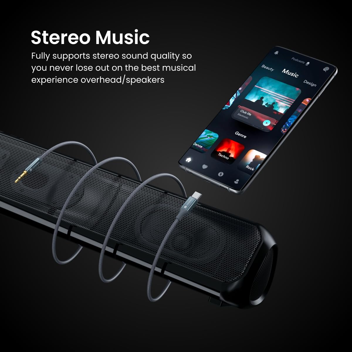 Portronics ikonnect C+ Type C to 3.5mm Aux Cable with 1M Length/ Nylon Braided/ Metal Heads/ Gold Plated Connector (Black) - Image 4