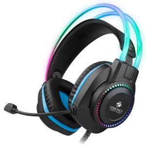 Zebronics Jet Pro Premium Wired Gaming On Ear Headphone with LED for Headband + earcups/ 40mm Neodymium Drivers/ 2 Meter Braided Cable with mic/ Suspension Design/ 3.5mm + USB Connector (Black, Blue)