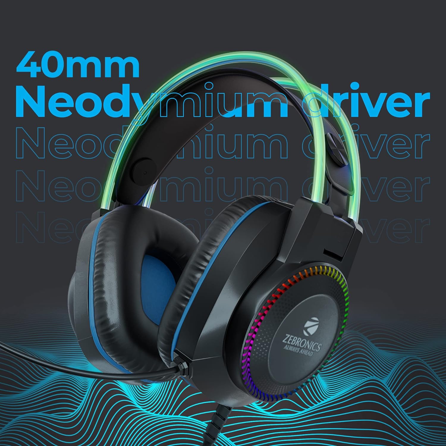 Zebronics Jet Pro Premium Wired Gaming On Ear Headphone with LED for Headband + earcups/ 40mm Neodymium Drivers/ 2 Meter Braided Cable with mic/ Suspension Design/ 3.5mm + USB Connector (Black, Blue) - Image 2