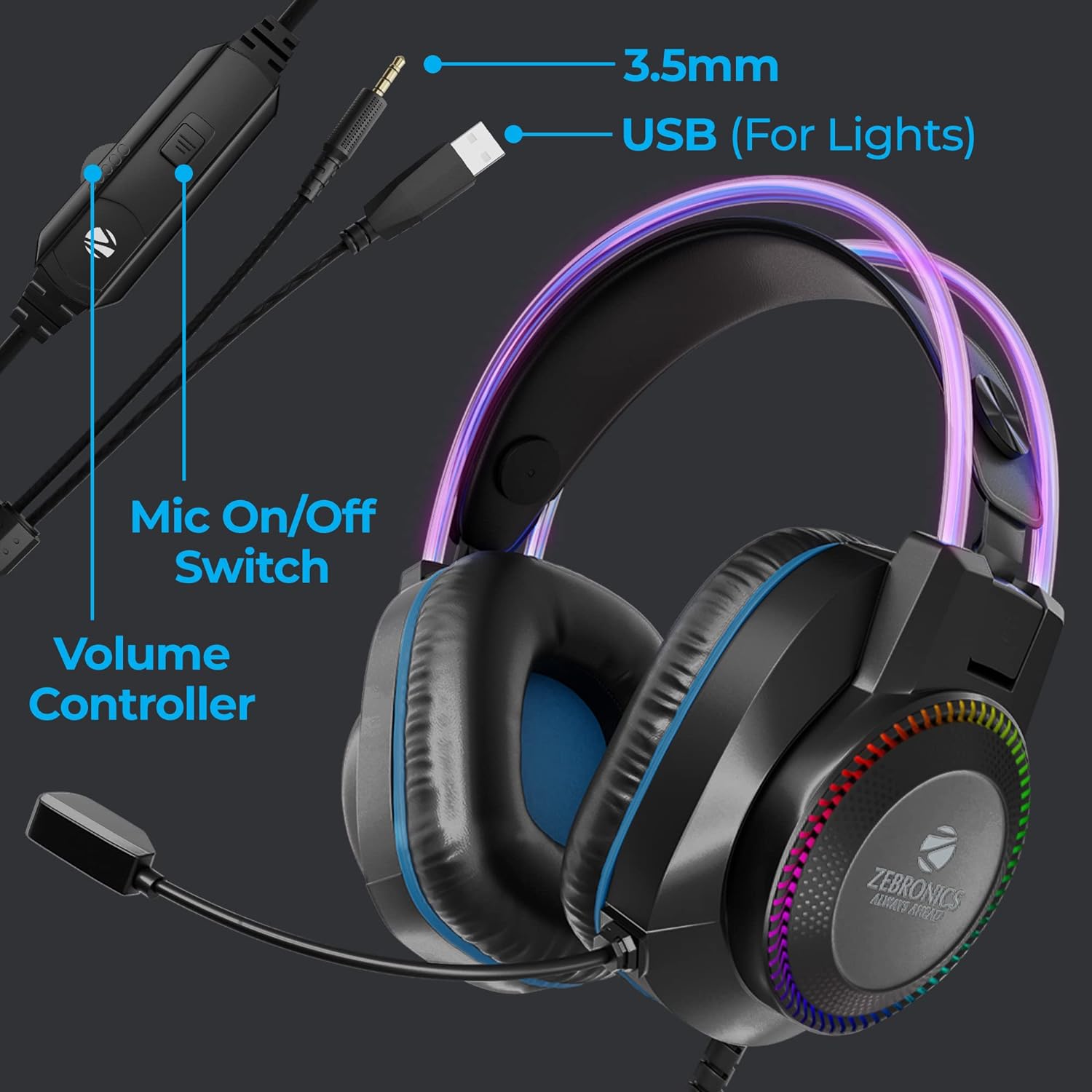 Zebronics Jet Pro Premium Wired Gaming On Ear Headphone with LED for Headband + earcups/ 40mm Neodymium Drivers/ 2 Meter Braided Cable with mic/ Suspension Design/ 3.5mm + USB Connector (Black, Blue) - Image 3