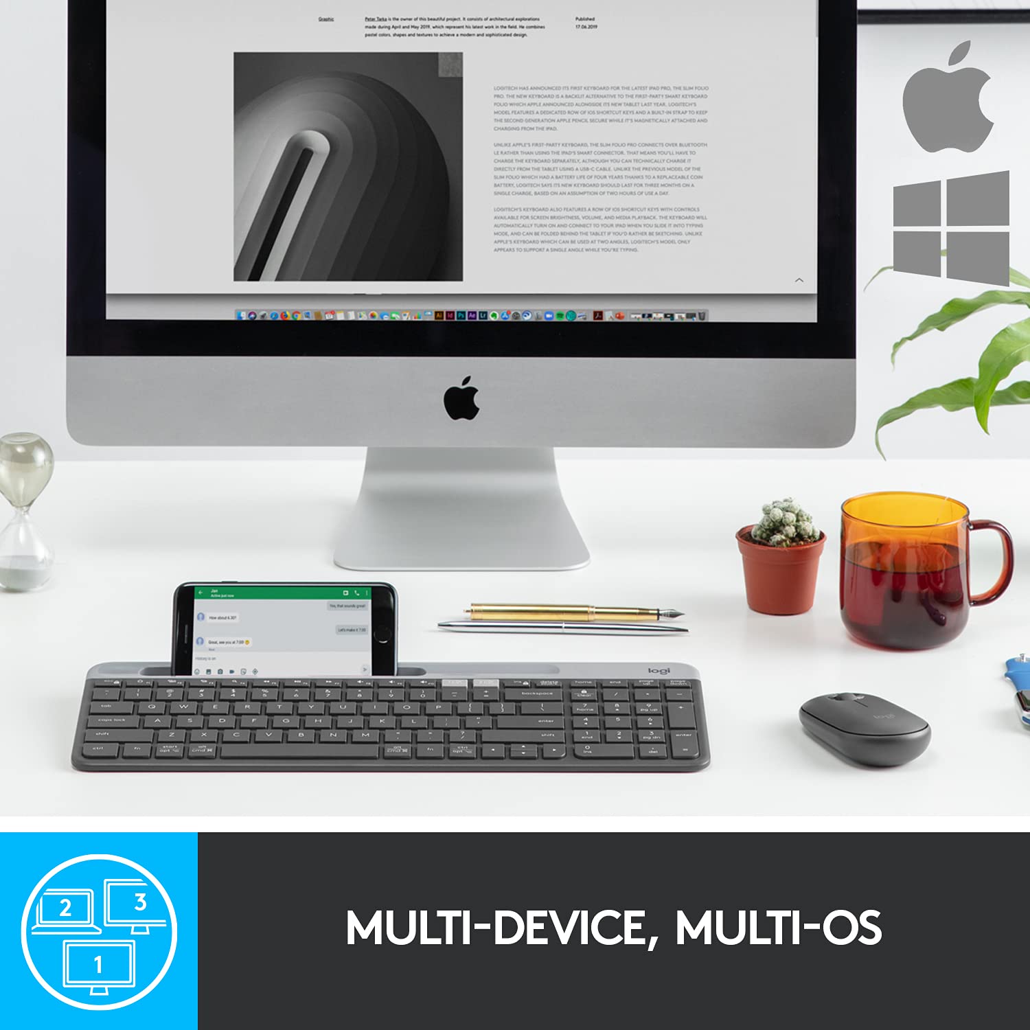 Logitech K580 Slim Multi-Device Wireless Keyboard - Bluetooth/Receiver, Compact, Easy Switch, 24 Month Battery, Win/Mac, Desktop, Tablet, Smartphone, Laptop Compatible (Graphite) - Image 2