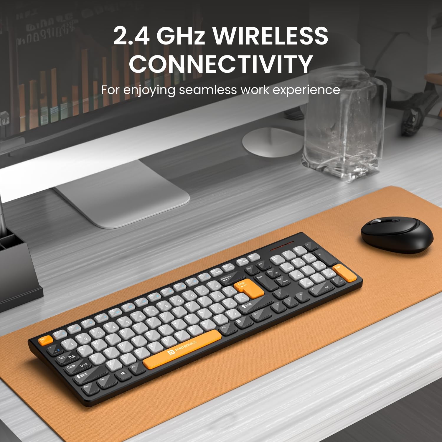 Portronics Key7 Combo Wireless Keyboard & Mouse Set with 2.4 GHz USB Receiver, 10m Working Range, 12 Shortcut Keys, Adjustable DPI, 10 Million Key Life & Click Life for PC, Laptop, Mac - Grey + Orange - Image 2