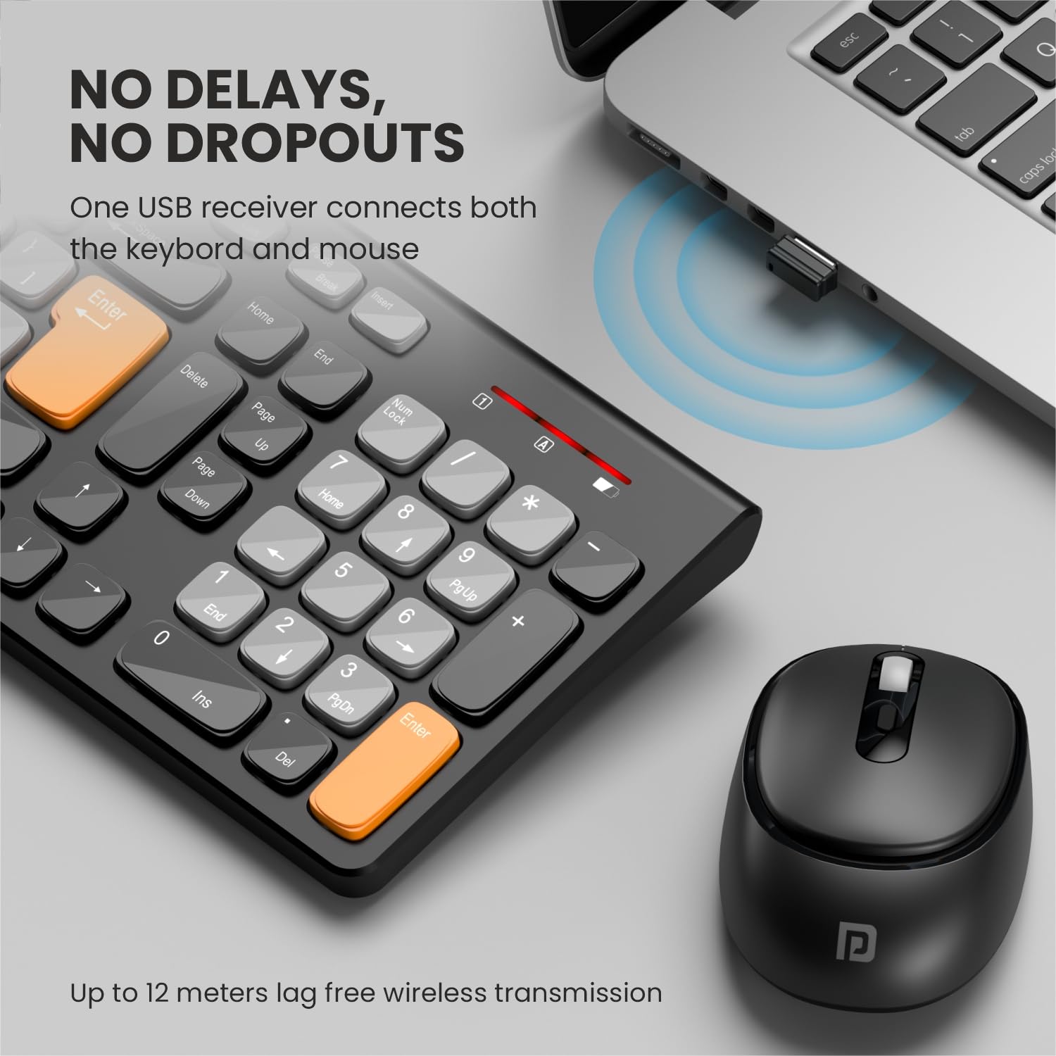 Portronics Key7 Combo Wireless Keyboard & Mouse Set with 2.4 GHz USB Receiver, 10m Working Range, 12 Shortcut Keys, Adjustable DPI, 10 Million Key Life & Click Life for PC, Laptop, Mac - Grey + Orange - Image 3