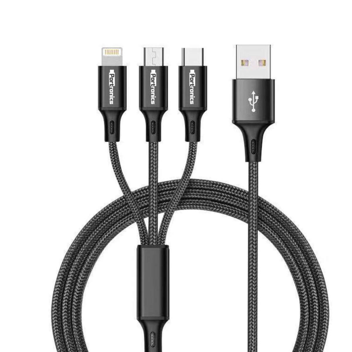 Portronics Konnect A Trio 3-In-1 Charging Cable - 8 Pin USB/ Micro USB/ Type-C Ports (POR-1313)