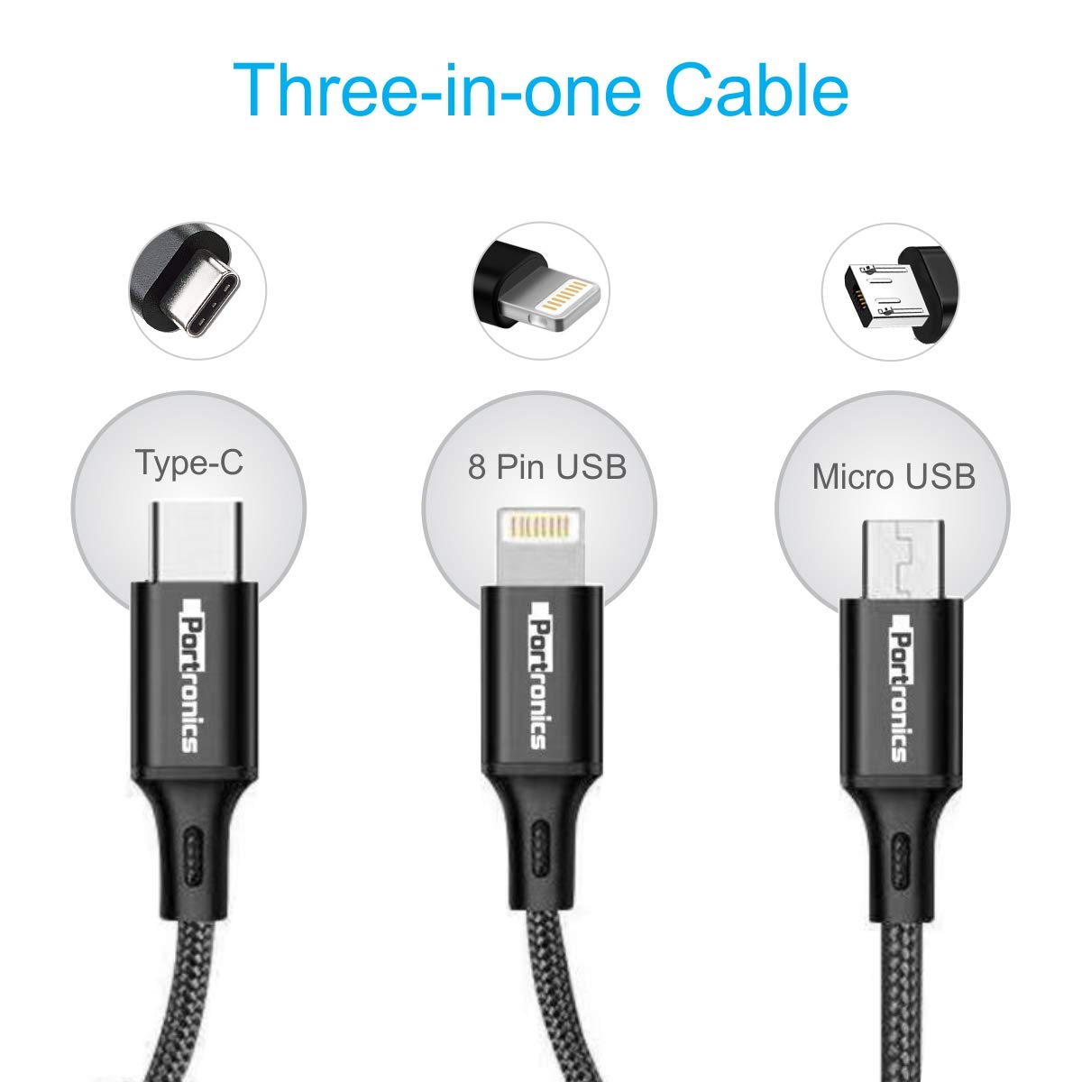 Portronics Konnect A Trio 3-In-1 Charging Cable - 8 Pin USB/ Micro USB/ Type-C Ports (POR-1313) - Image 3