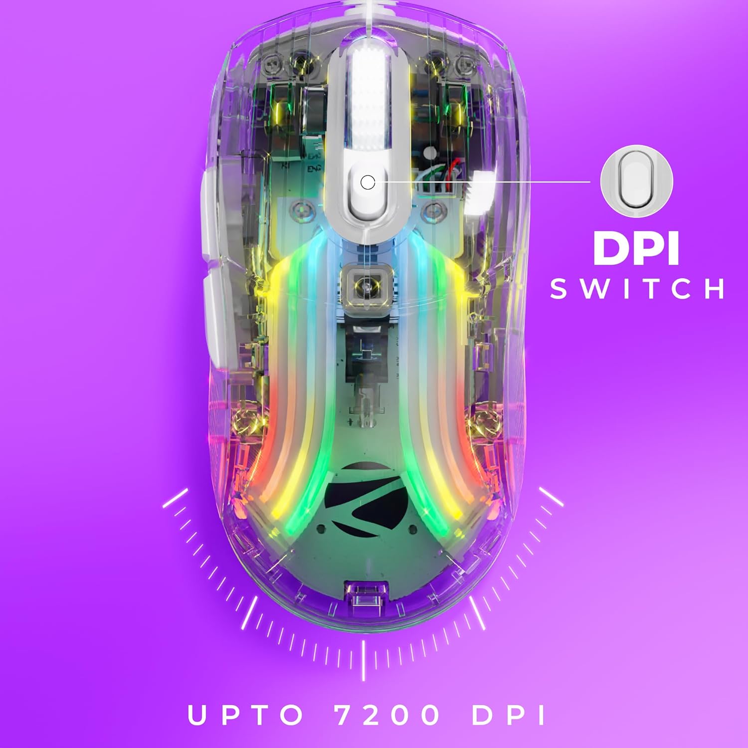 Zebronics Krystal Transparent Premimum Gaming Mouse with Upto 7200 DPI/ 7 Buttons/ Braided Cable/ High Resolution Sensor/ Windows Software with RGB LED Light Modes - Image 2