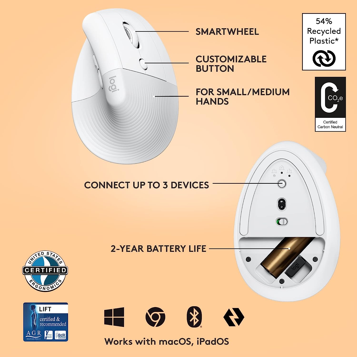 Logitech Lift Vertical Ergonomic Mouse - Wireless Logi Bolt USB Receiver, Bluetooth, Quiet clicks, 4 Buttons, Compatible with Windows/ macOS/ iPadOS, Laptop, PC - Pale Grey - Image 5