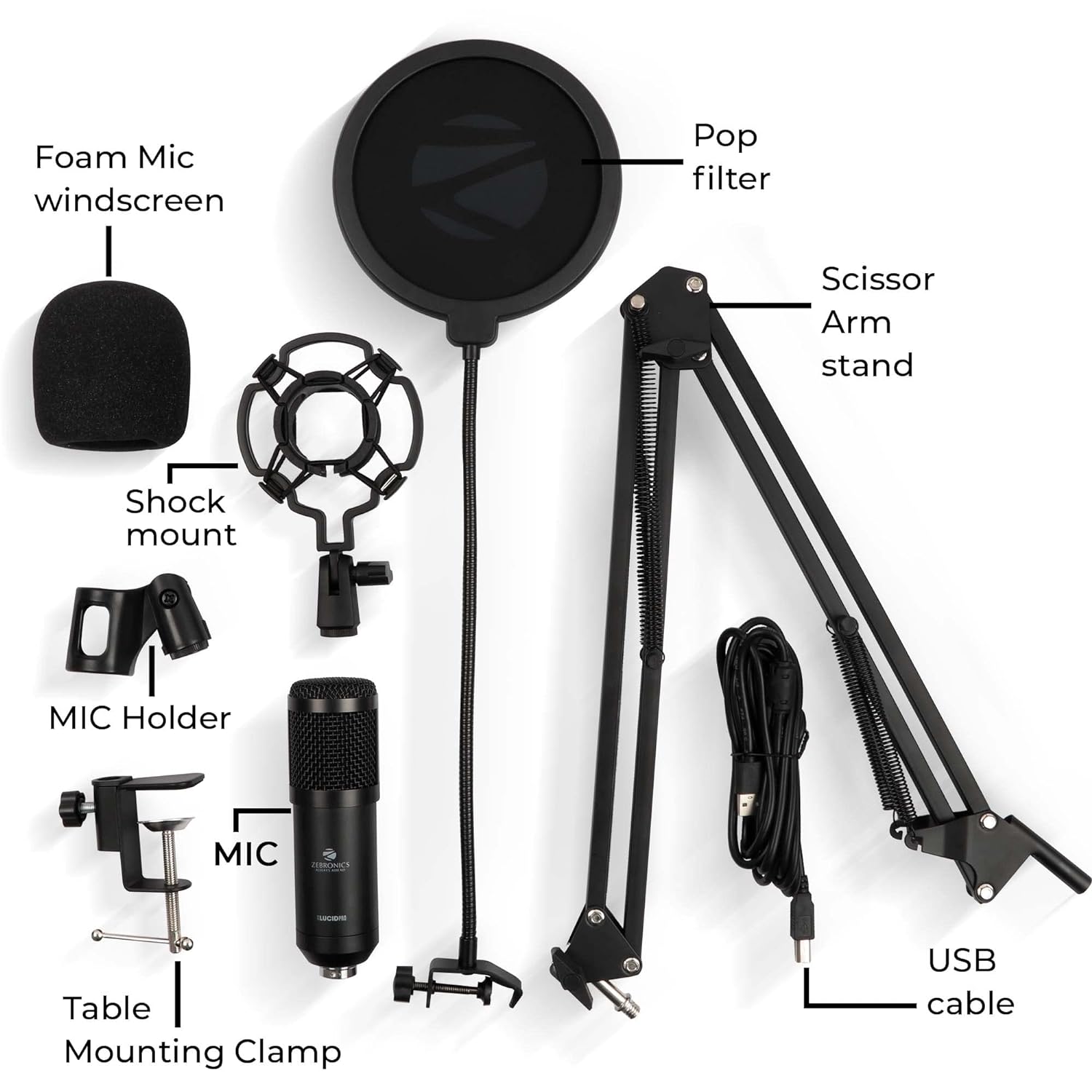 Zebronics Zeb-Lucid Pro Desktop Mount Condenser Microphone with 2M USB Cable for Computer/ PC/ Cardioid Pattern/ Metal Body/ High Sensitivity/ Shock Mount/ Plug and Play/ Unidirectional (Black) - Image 3