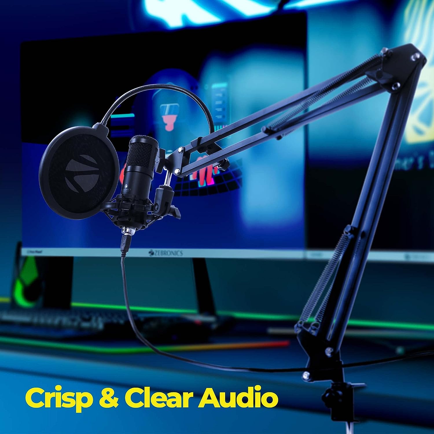 Zebronics Zeb-Lucid Pro Desktop Mount Condenser Microphone with 2M USB Cable for Computer/ PC/ Cardioid Pattern/ Metal Body/ High Sensitivity/ Shock Mount/ Plug and Play/ Unidirectional (Black) - Image 4